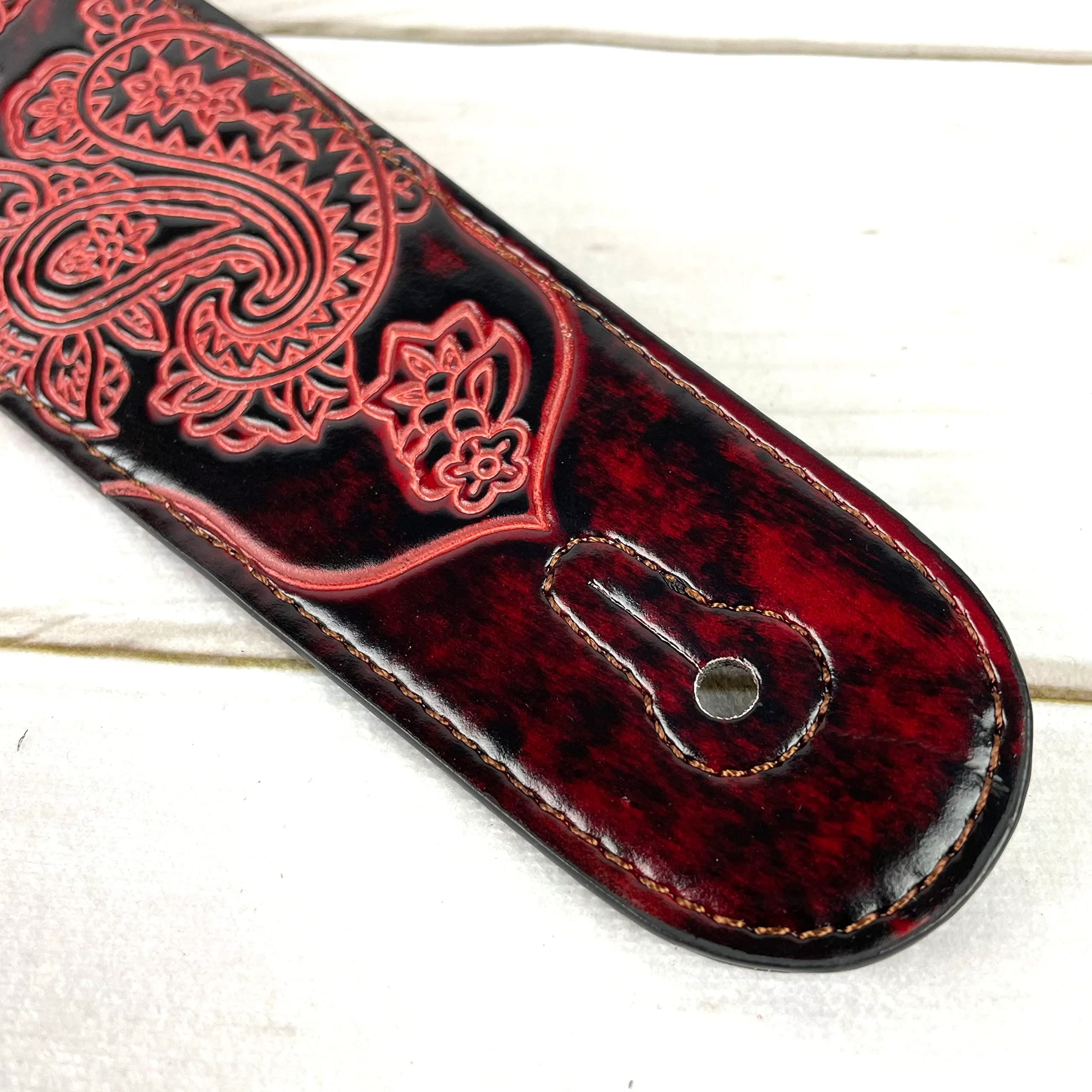 Walker & Williams GB-30 Handmade Fire Wine Red Padded Leather Guitar Strap with Vintage Paisley Pattern For Acoustic, Electric, And Bass Guitars - Image 9