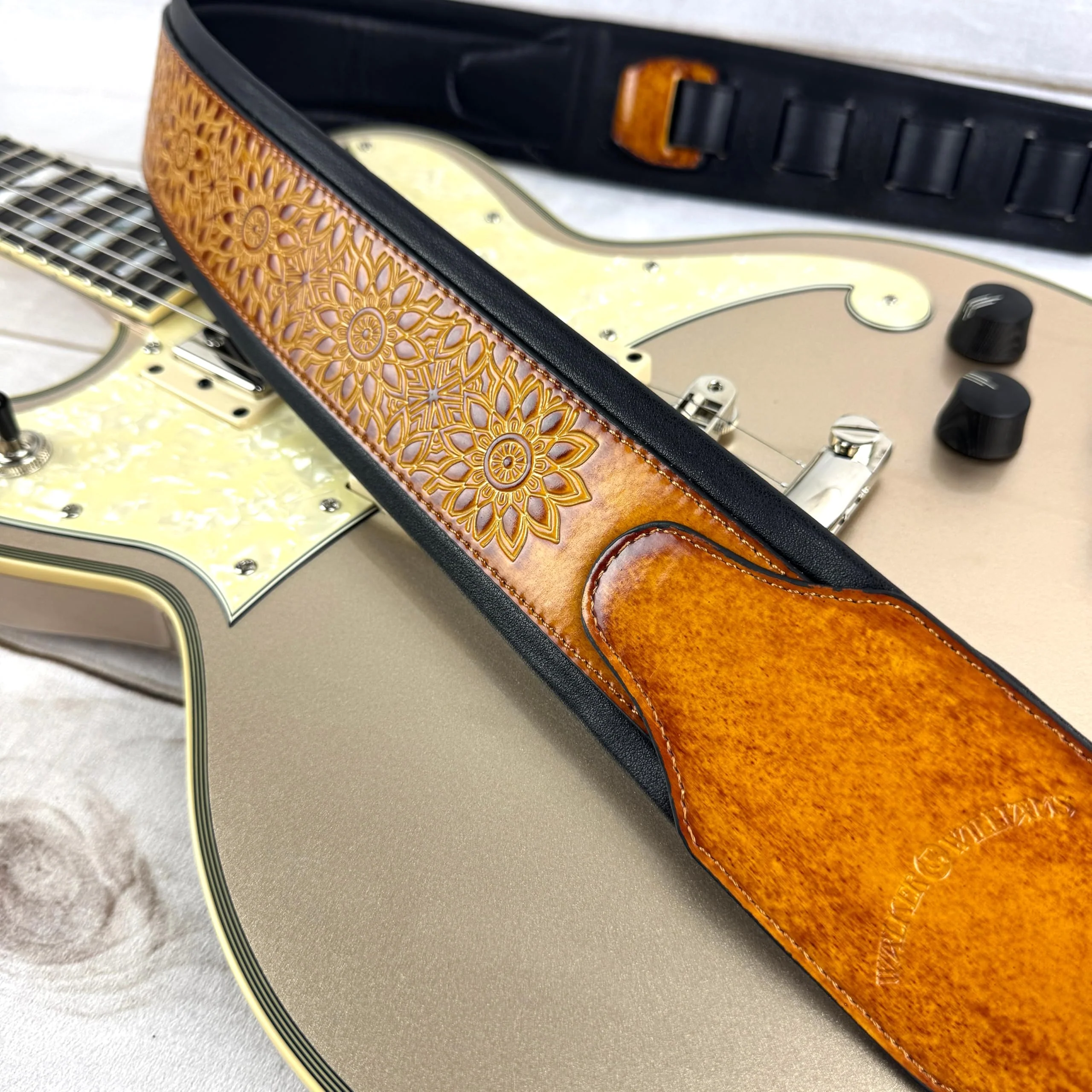 Walker & Williams GB-34 Latigo Tan Padded Leather Strap with Zodiac Star Pattern For Acoustic, Electric, And Bass Guitars - Image 3