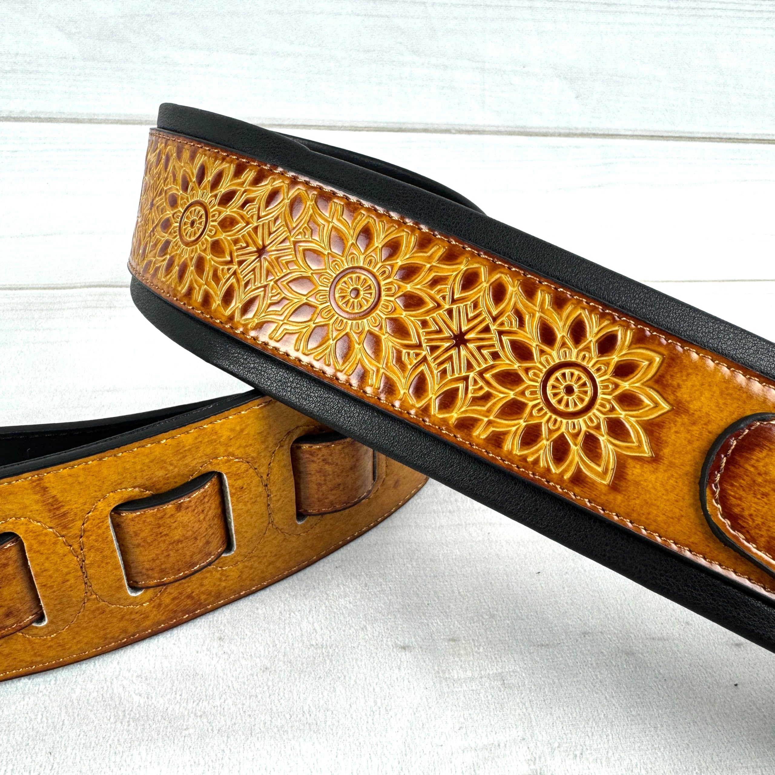 Walker & Williams GB-34 Latigo Tan Padded Leather Strap with Zodiac Star Pattern For Acoustic, Electric, And Bass Guitars - Image 5