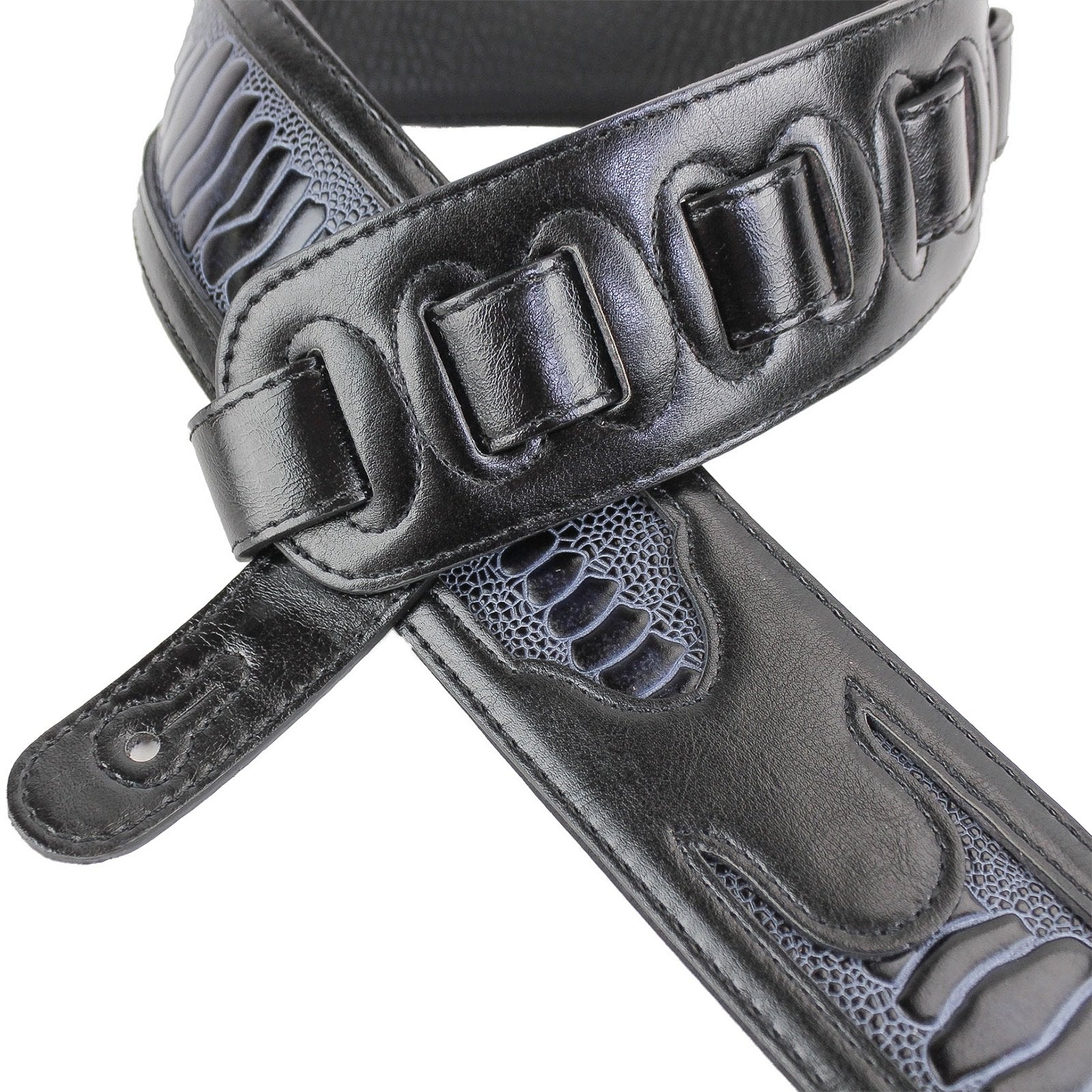 Walker & Williams GC-21 Gloss Black Leather Handmade Guitar Strap with Armadillo Inserts And Padded Back For Acoustic, Electric, And Bass Guitars - Image 3