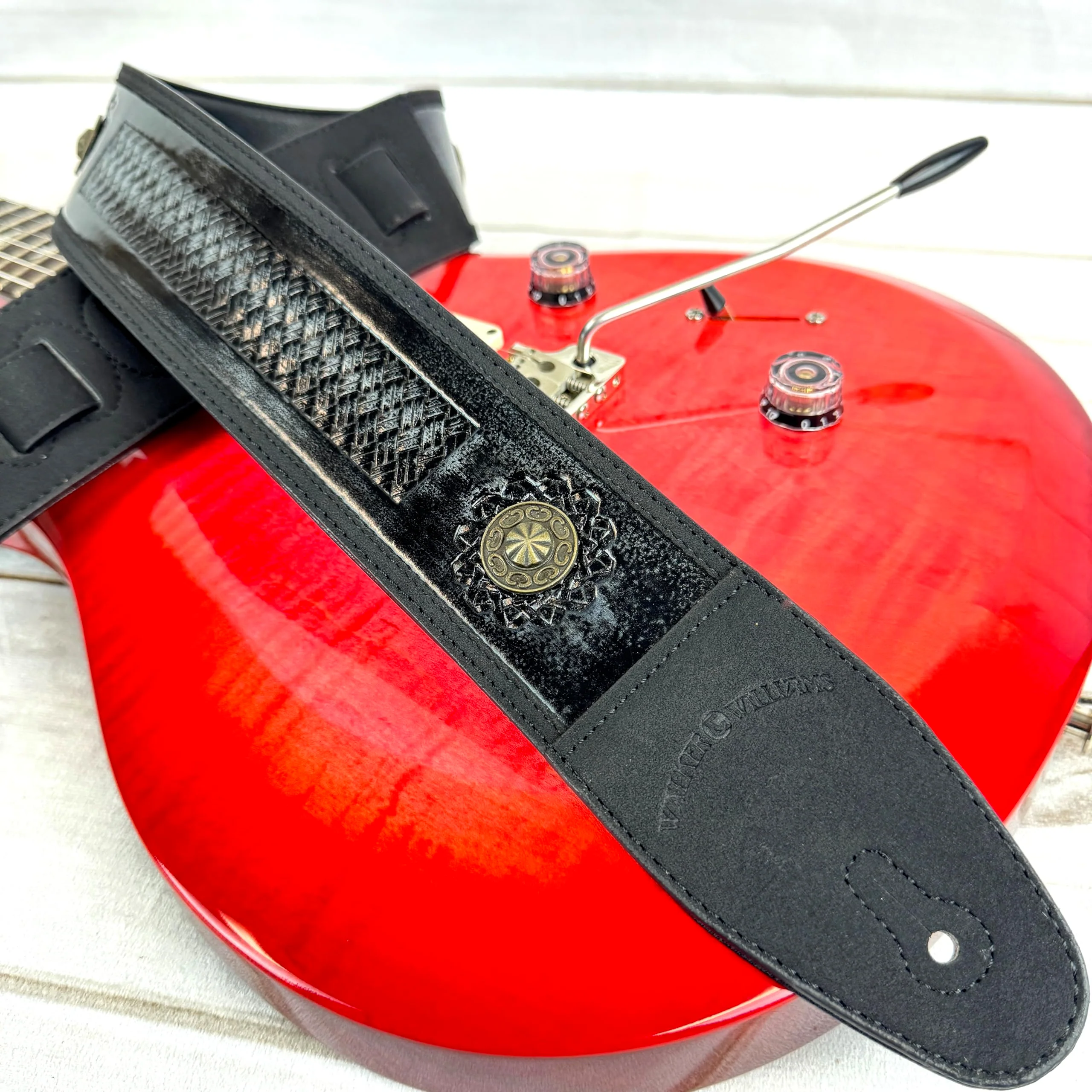 Walker & Williams GE-102 Antique Black Padded Strap With Tooled Barcelona Weave And Brass Conchos - Image 2