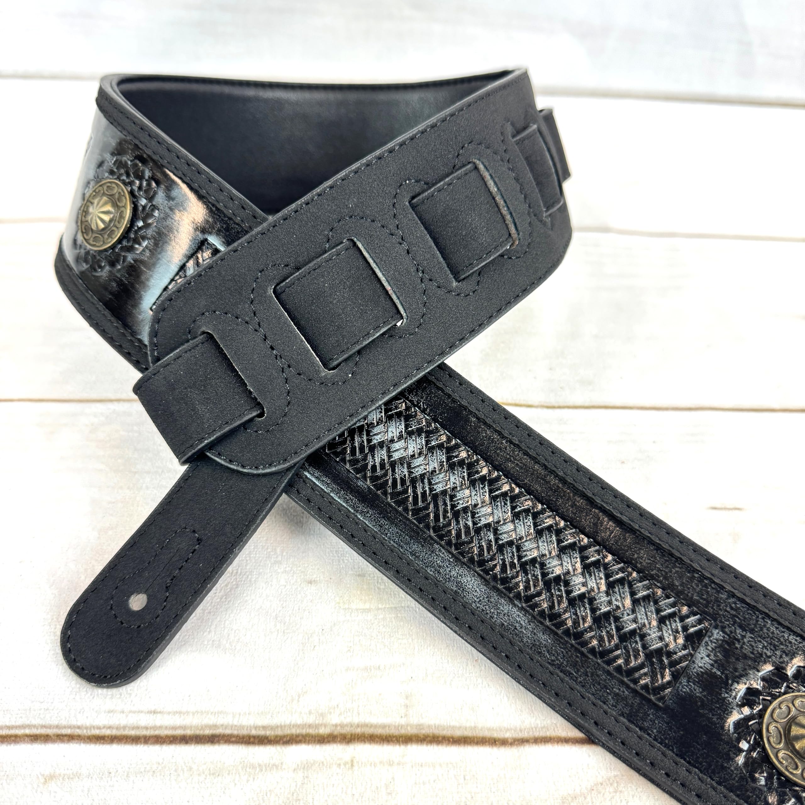 Walker & Williams GE-102 Antique Black Padded Strap With Tooled Barcelona Weave And Brass Conchos - Image 3