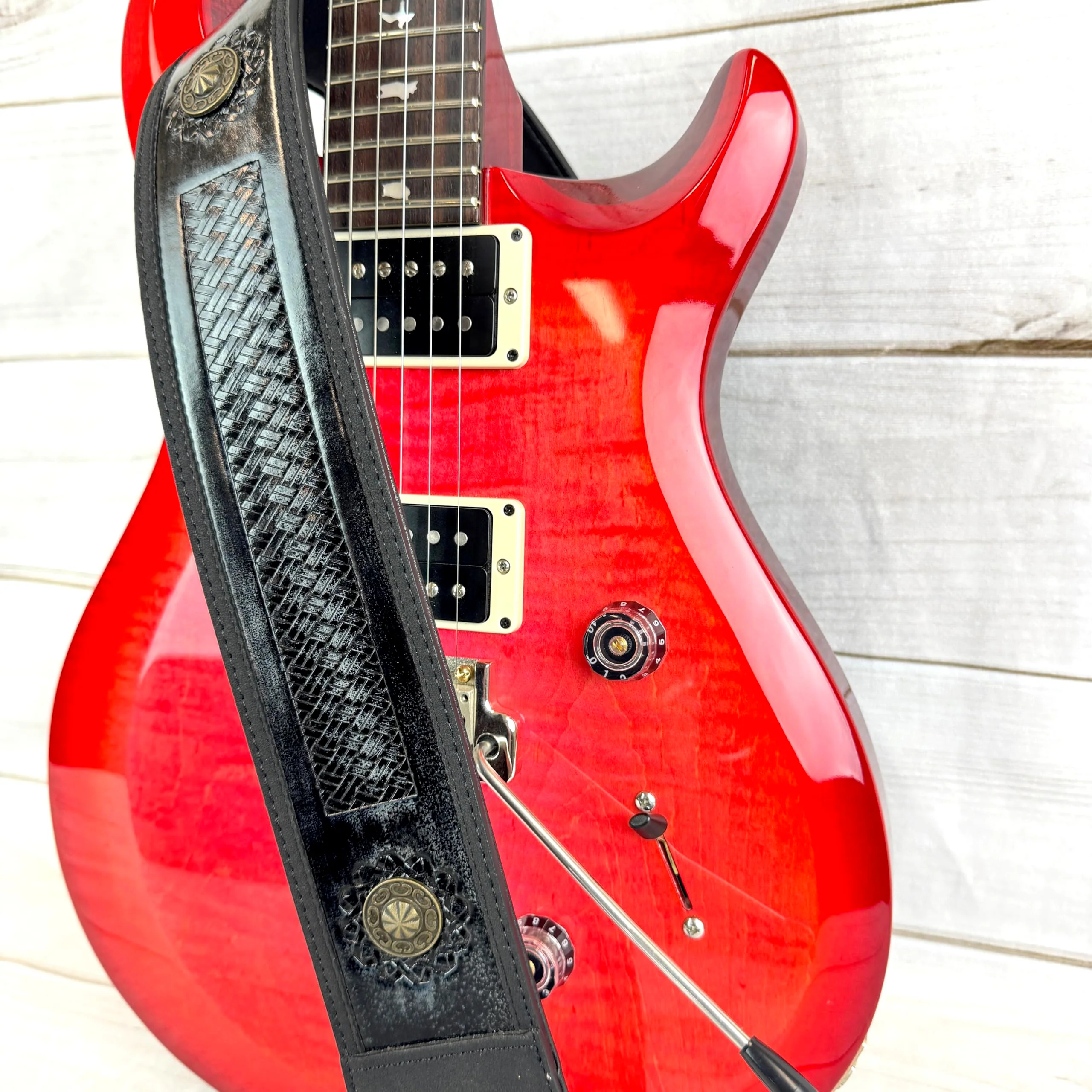 Walker & Williams GE-102 Antique Black Padded Strap With Tooled Barcelona Weave And Brass Conchos - Image 4