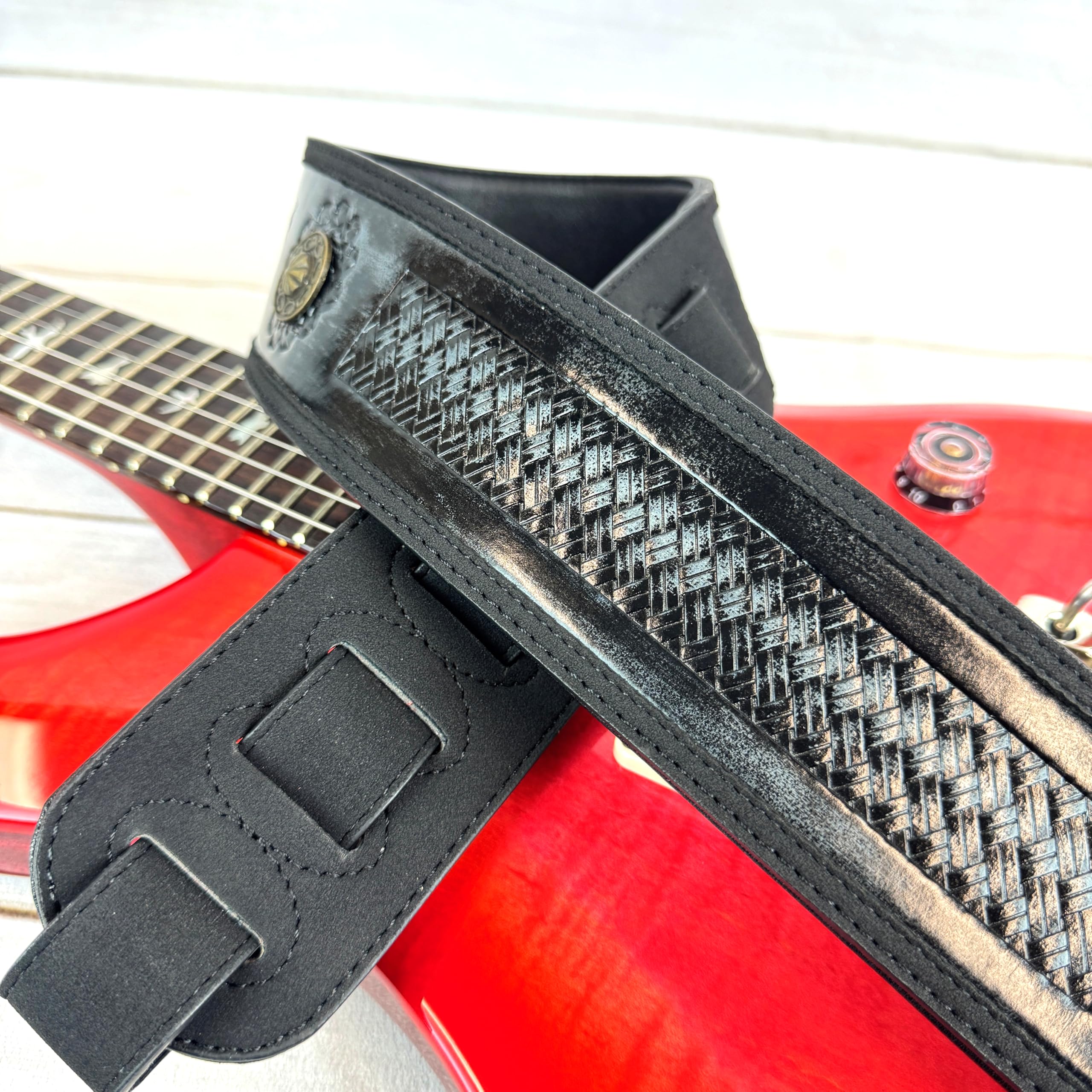 Walker & Williams GE-102 Antique Black Padded Strap With Tooled Barcelona Weave And Brass Conchos - Image 6