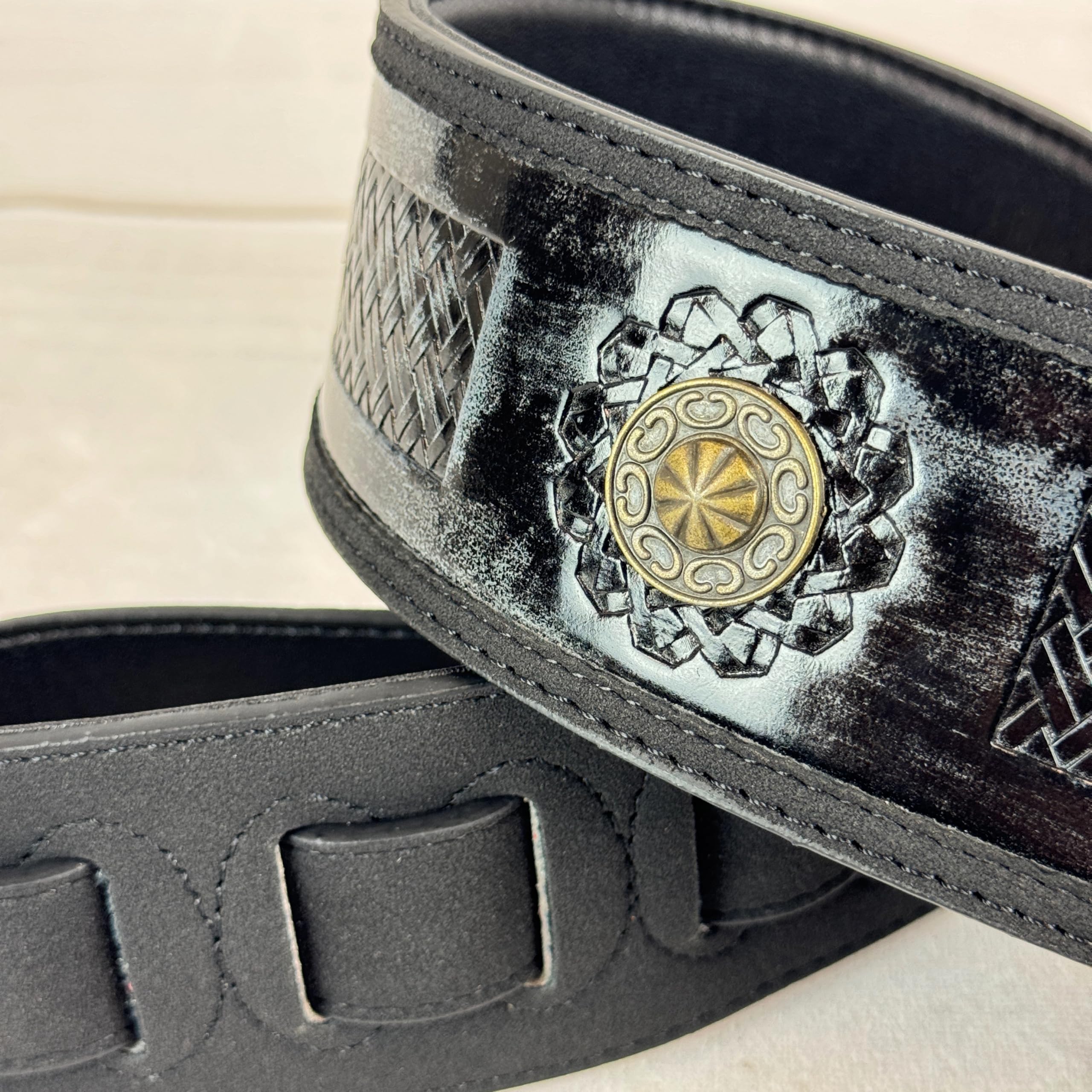 Walker & Williams GE-102 Antique Black Padded Strap With Tooled Barcelona Weave And Brass Conchos - Image 7