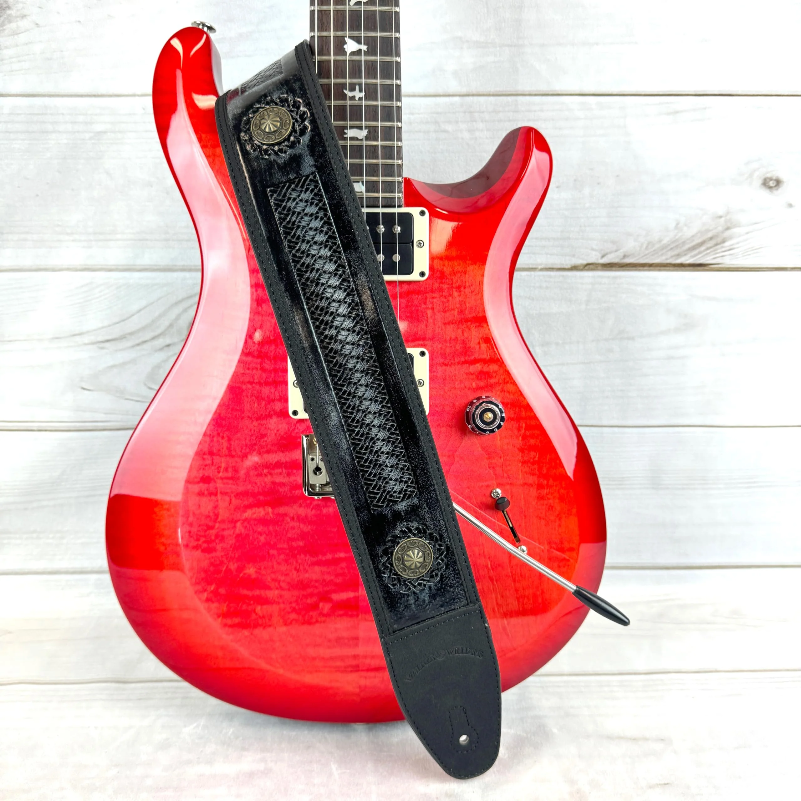 Walker & Williams GE-102 Antique Black Padded Strap With Tooled Barcelona Weave And Brass Conchos - Image 8