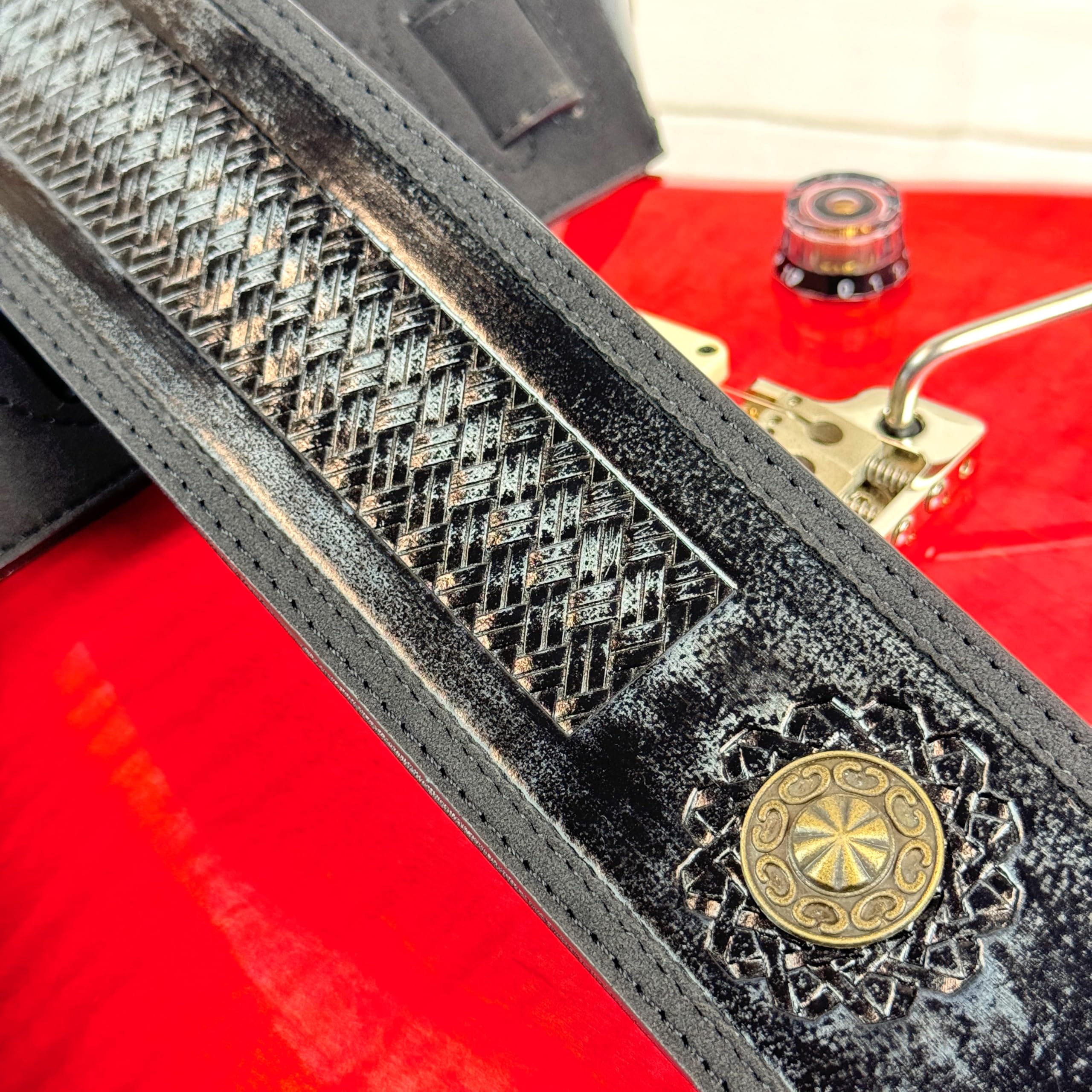 Walker & Williams GE-102 Antique Black Padded Strap With Tooled Barcelona Weave And Brass Conchos - Image 9
