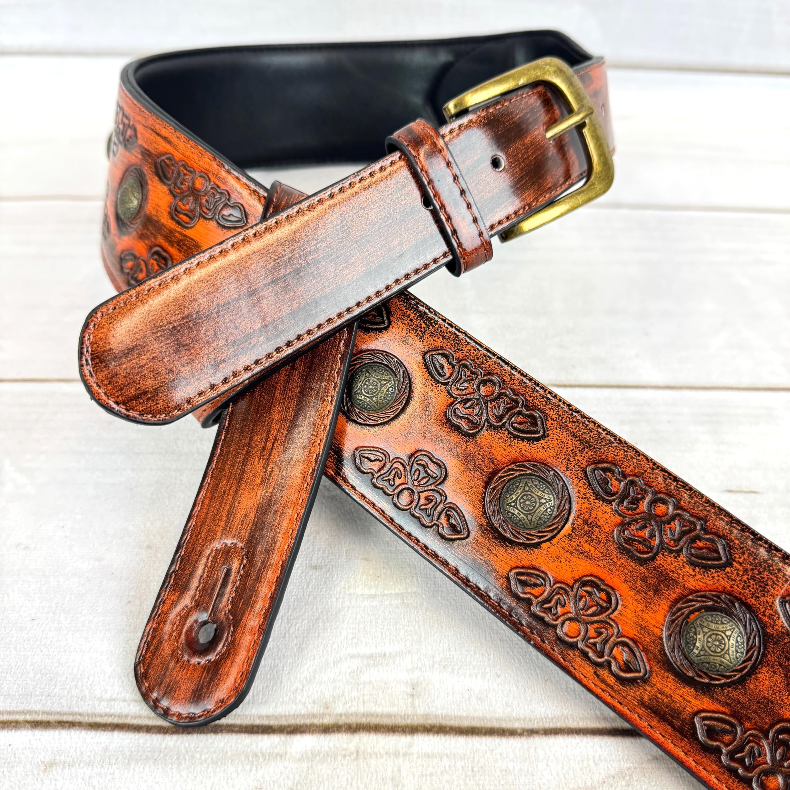 Walker & Williams GE-202 Antique Amber Tan Padded Guitar Strap with Brass Coin Studs, Brass Buckle, And Celtic Tooling For Acoustic, Electric, And Bass Guitars - Image 3