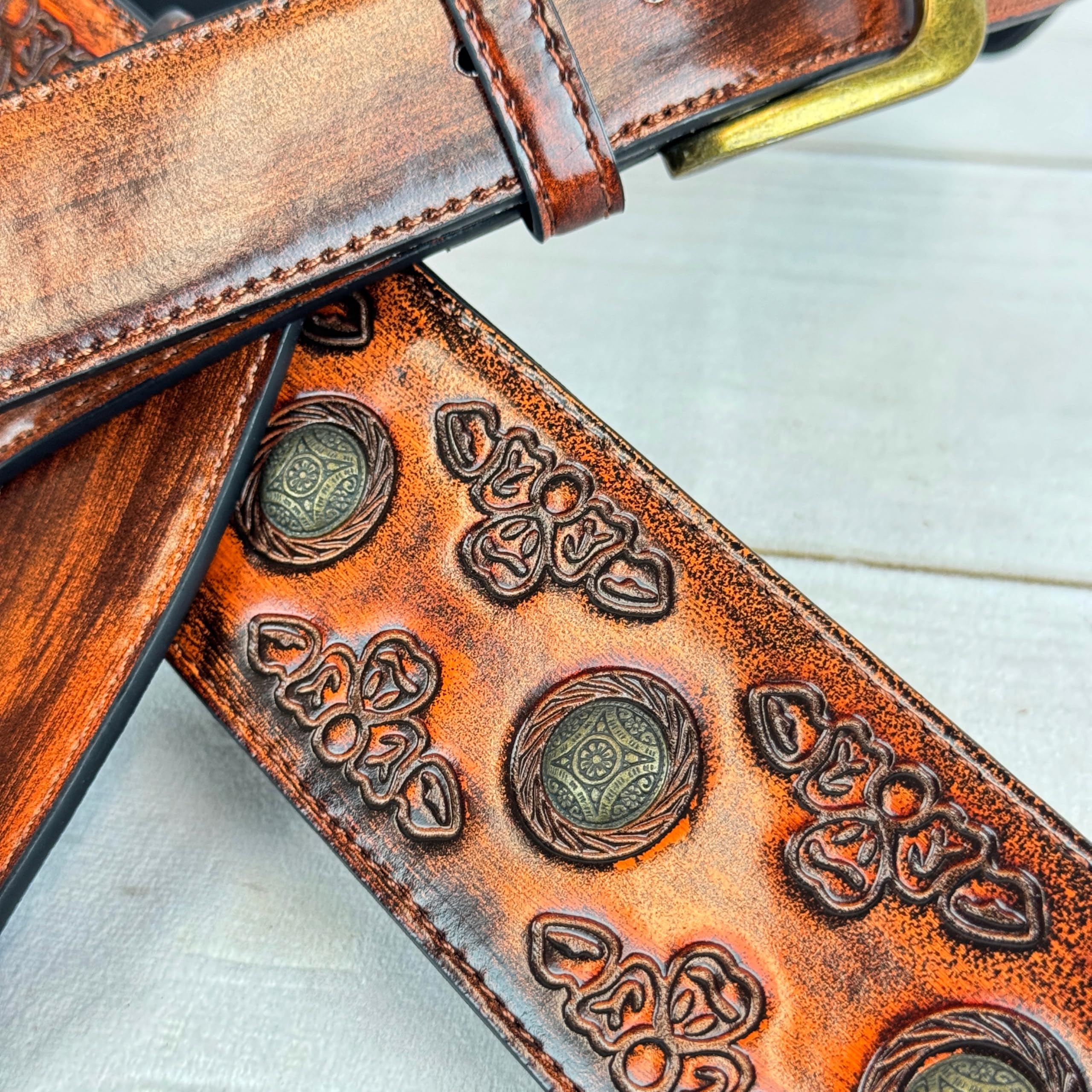 Walker & Williams GE-202 Antique Amber Tan Padded Guitar Strap with Brass Coin Studs, Brass Buckle, And Celtic Tooling For Acoustic, Electric, And Bass Guitars - Image 5