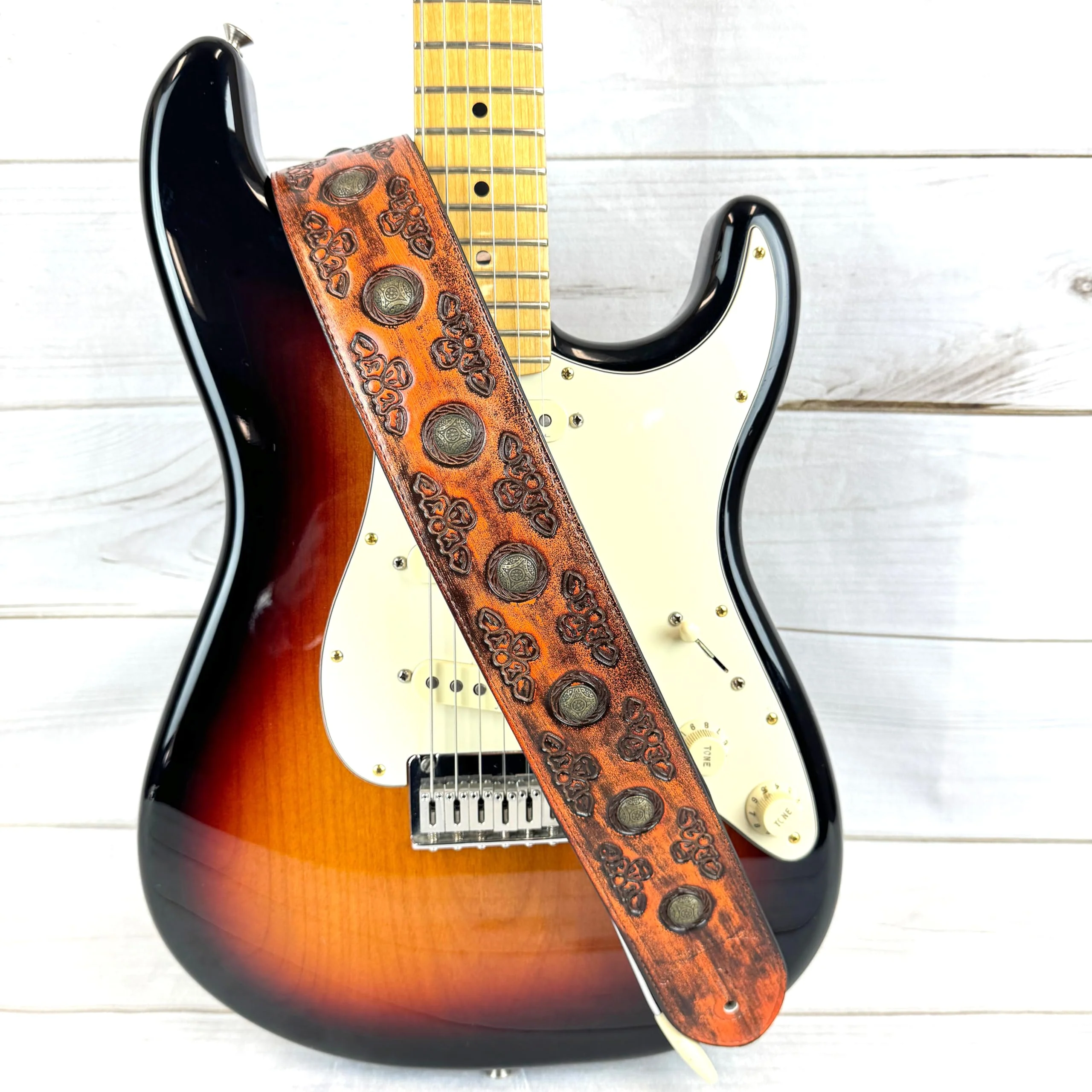 Walker & Williams GE-202 Antique Amber Tan Padded Guitar Strap with Brass Coin Studs, Brass Buckle, And Celtic Tooling For Acoustic, Electric, And Bass Guitars - Image 8