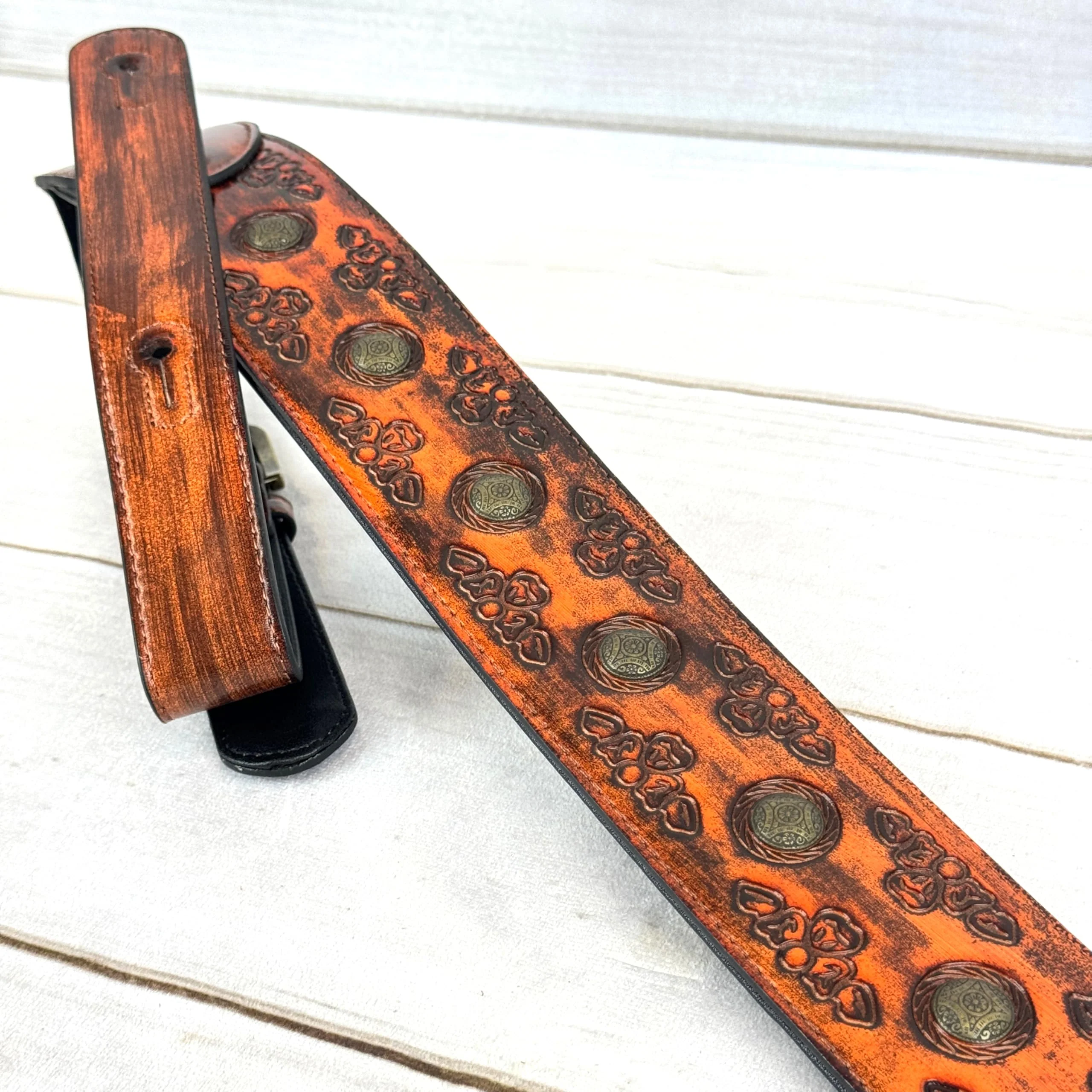 Walker & Williams GE-202 Antique Amber Tan Padded Guitar Strap with Brass Coin Studs, Brass Buckle, And Celtic Tooling For Acoustic, Electric, And Bass Guitars - Image 9