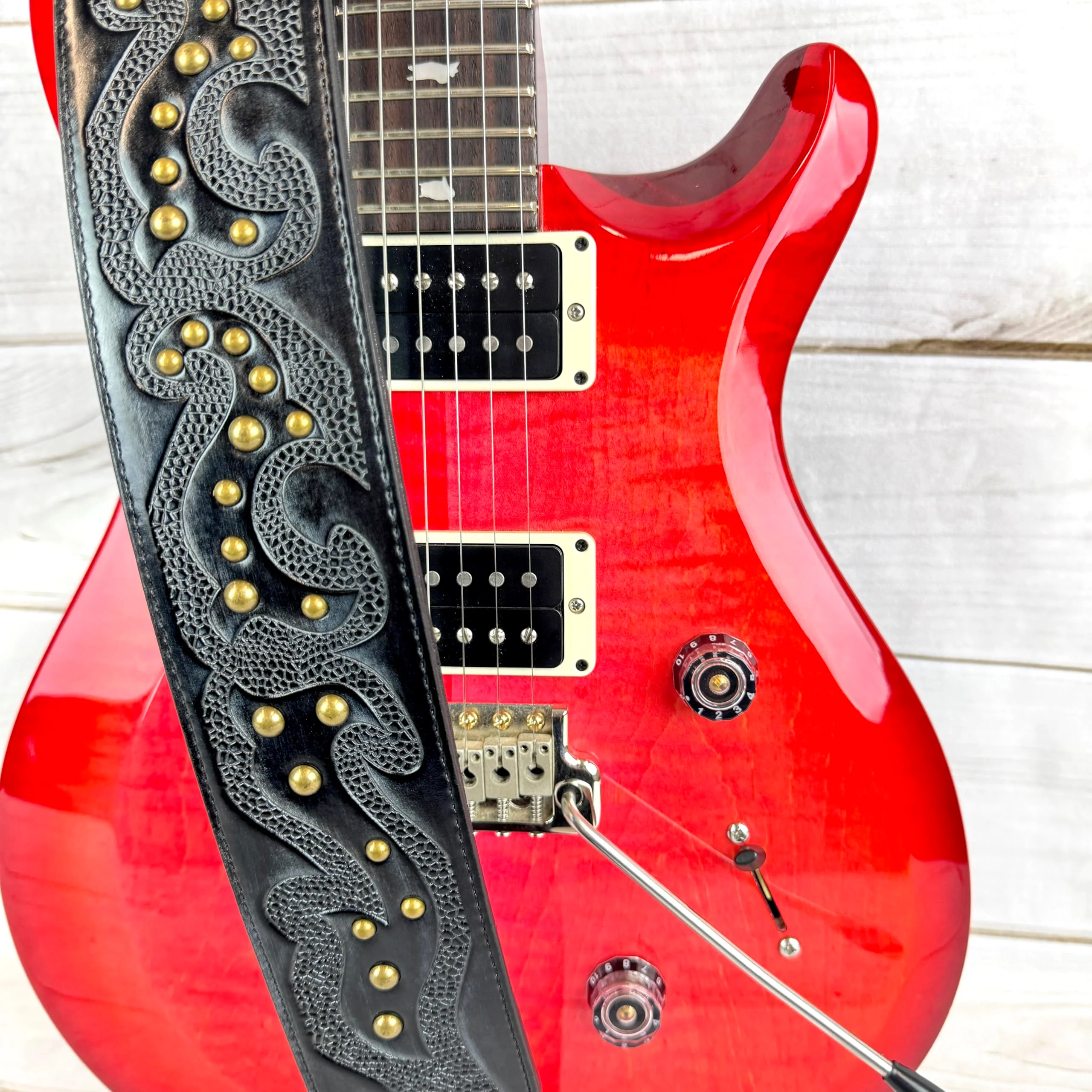 Walker & Williams GE-217 Midnight Blue Handmade Padded Leather Guitar Strap with Celtic Tooling and Brass Studs For Electric, Acoustic, And Bass Guitars - Image 2