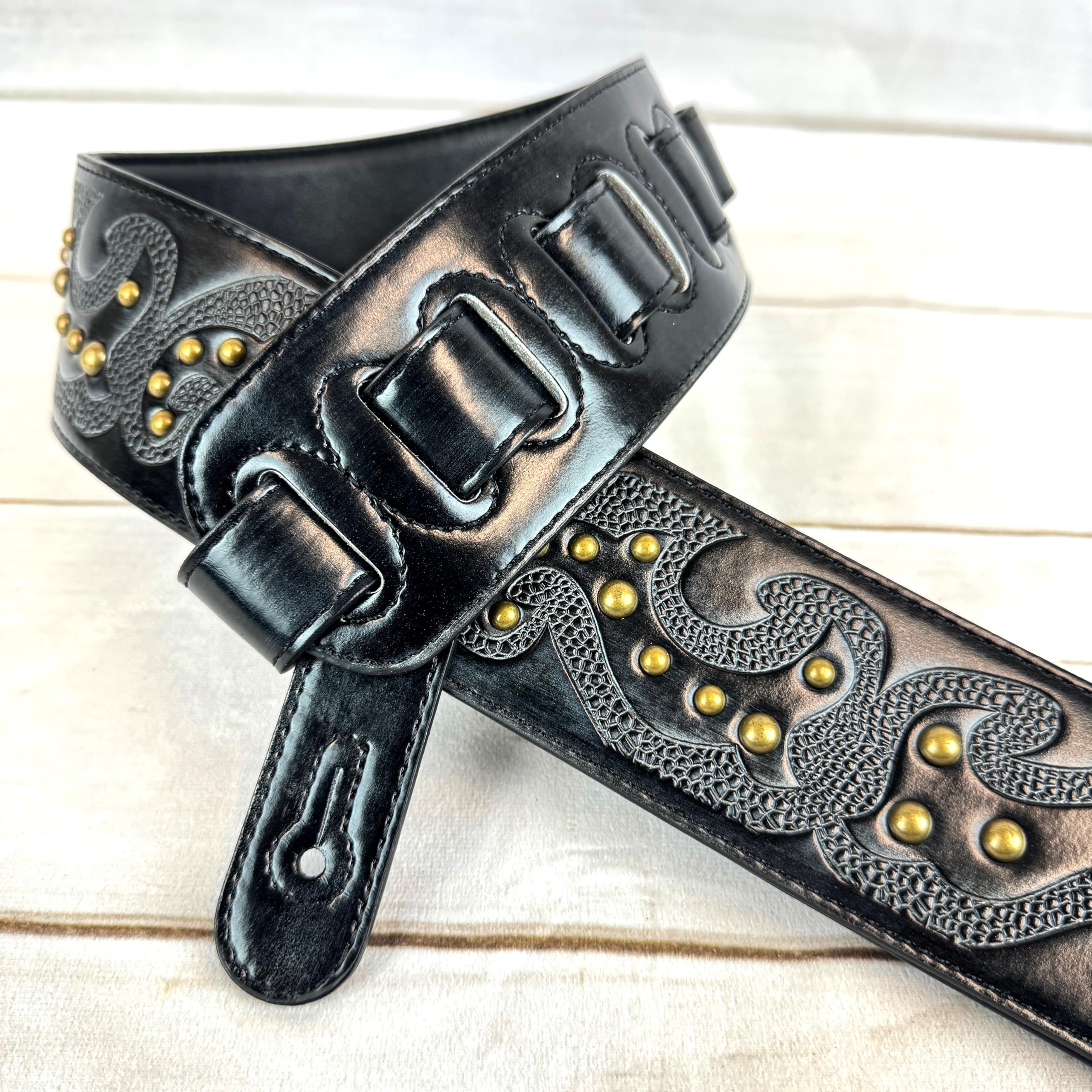 Walker & Williams GE-217 Midnight Blue Handmade Padded Leather Guitar Strap with Celtic Tooling and Brass Studs For Electric, Acoustic, And Bass Guitars - Image 3