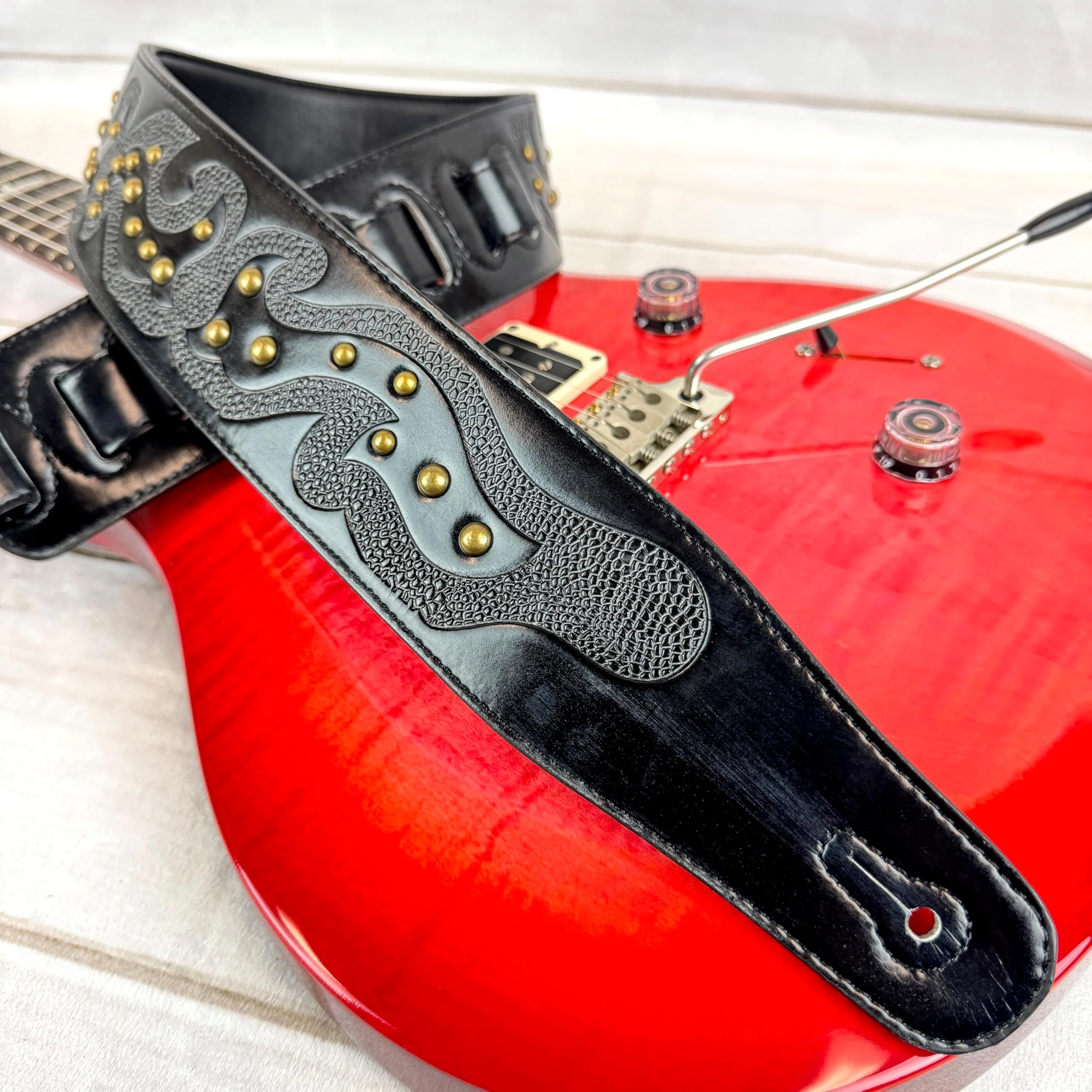 Walker & Williams GE-217 Midnight Blue Handmade Padded Leather Guitar Strap with Celtic Tooling and Brass Studs For Electric, Acoustic, And Bass Guitars - Image 4
