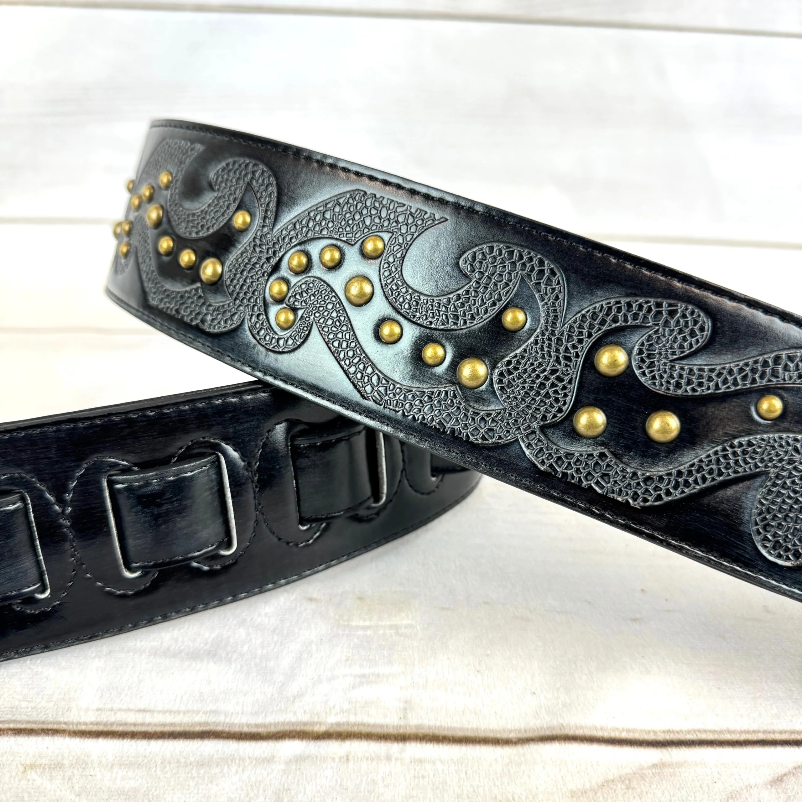 Walker & Williams GE-217 Midnight Blue Handmade Padded Leather Guitar Strap with Celtic Tooling and Brass Studs For Electric, Acoustic, And Bass Guitars - Image 5
