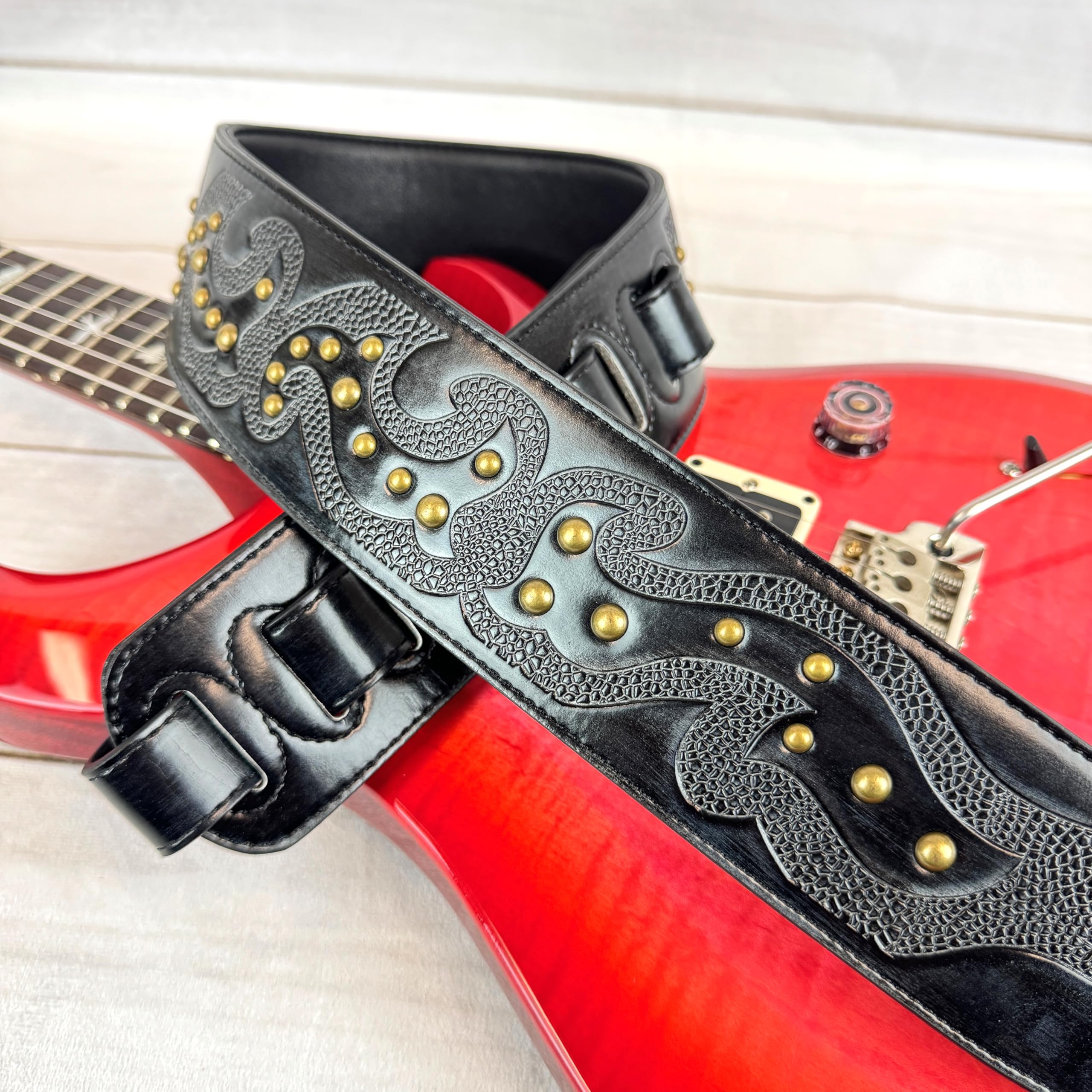 Walker & Williams GE-217 Midnight Blue Handmade Padded Leather Guitar Strap with Celtic Tooling and Brass Studs For Electric, Acoustic, And Bass Guitars - Image 6