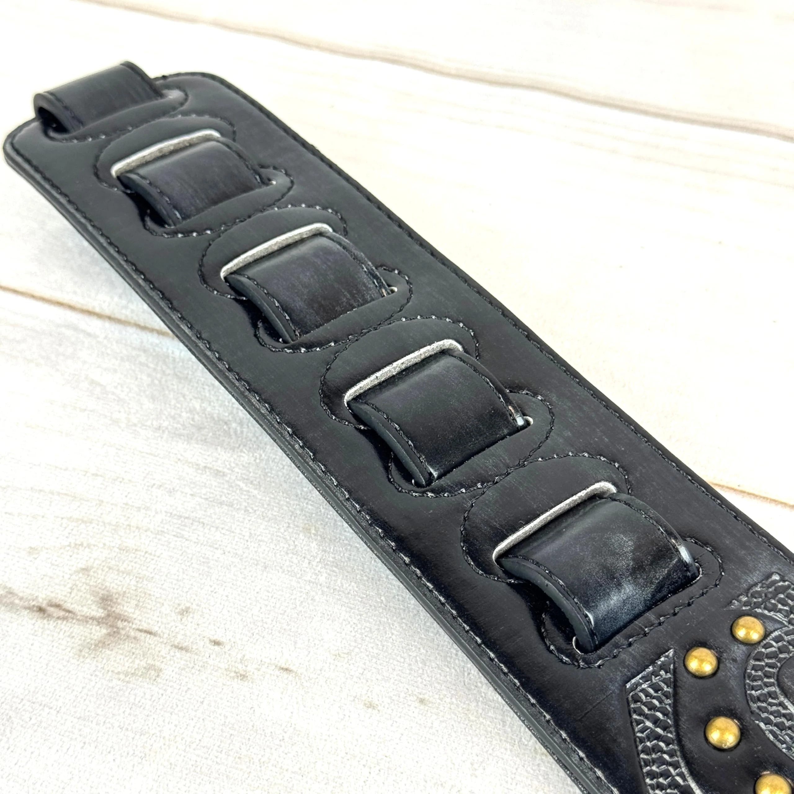 Walker & Williams GE-217 Midnight Blue Handmade Padded Leather Guitar Strap with Celtic Tooling and Brass Studs For Electric, Acoustic, And Bass Guitars - Image 9