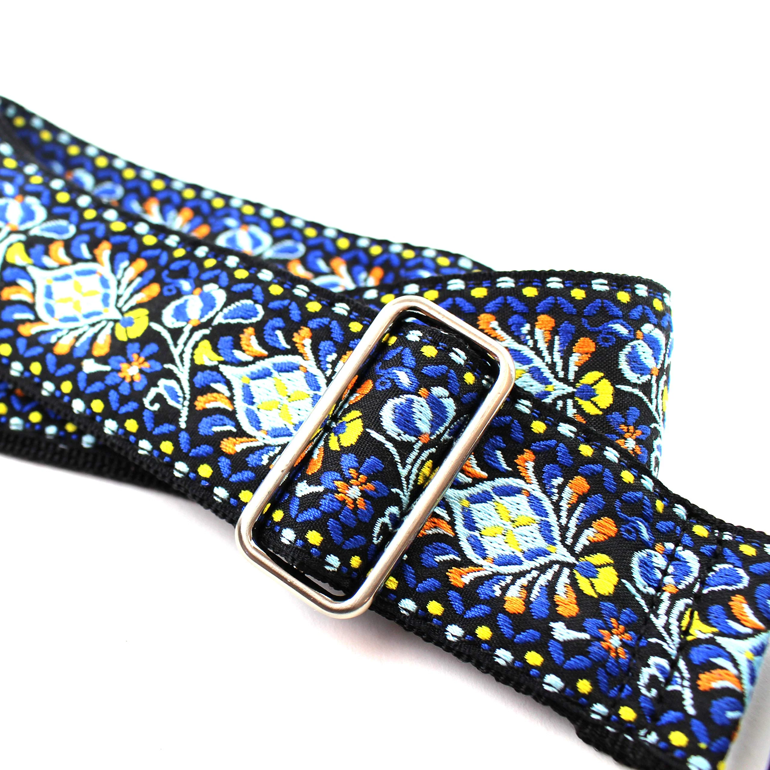 Walker & Williams H-29-CHR Vintage Series Blue Cheer Woven Hippie Guitar Strap With Brushed Nickel Hardware And Thick Leather Ends For Acoustic, Electric, And Bass Guitars - Image 2