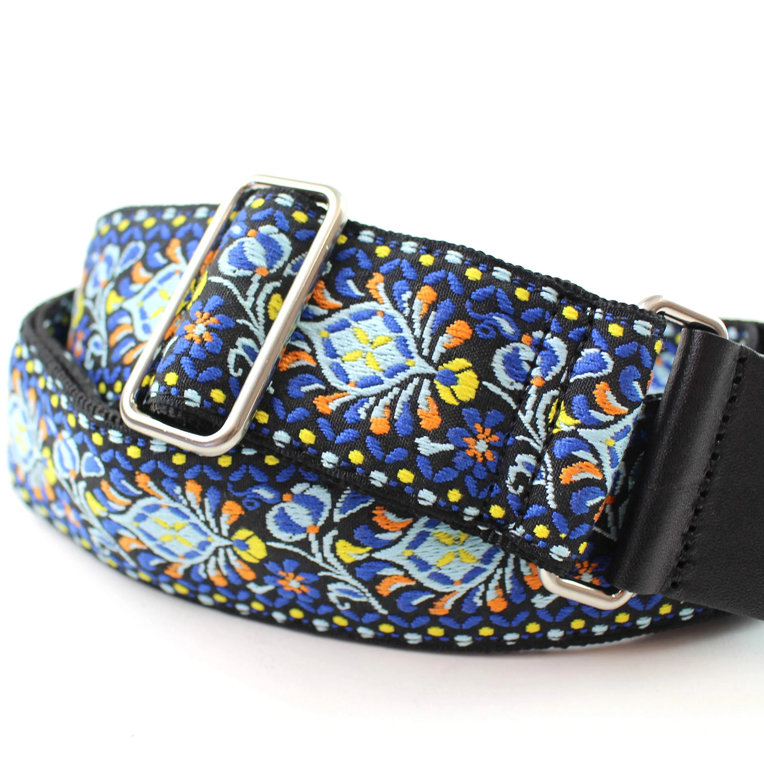 Walker & Williams H-29-CHR Vintage Series Blue Cheer Woven Hippie Guitar Strap With Brushed Nickel Hardware And Thick Leather Ends For Acoustic, Electric, And Bass Guitars - Image 3