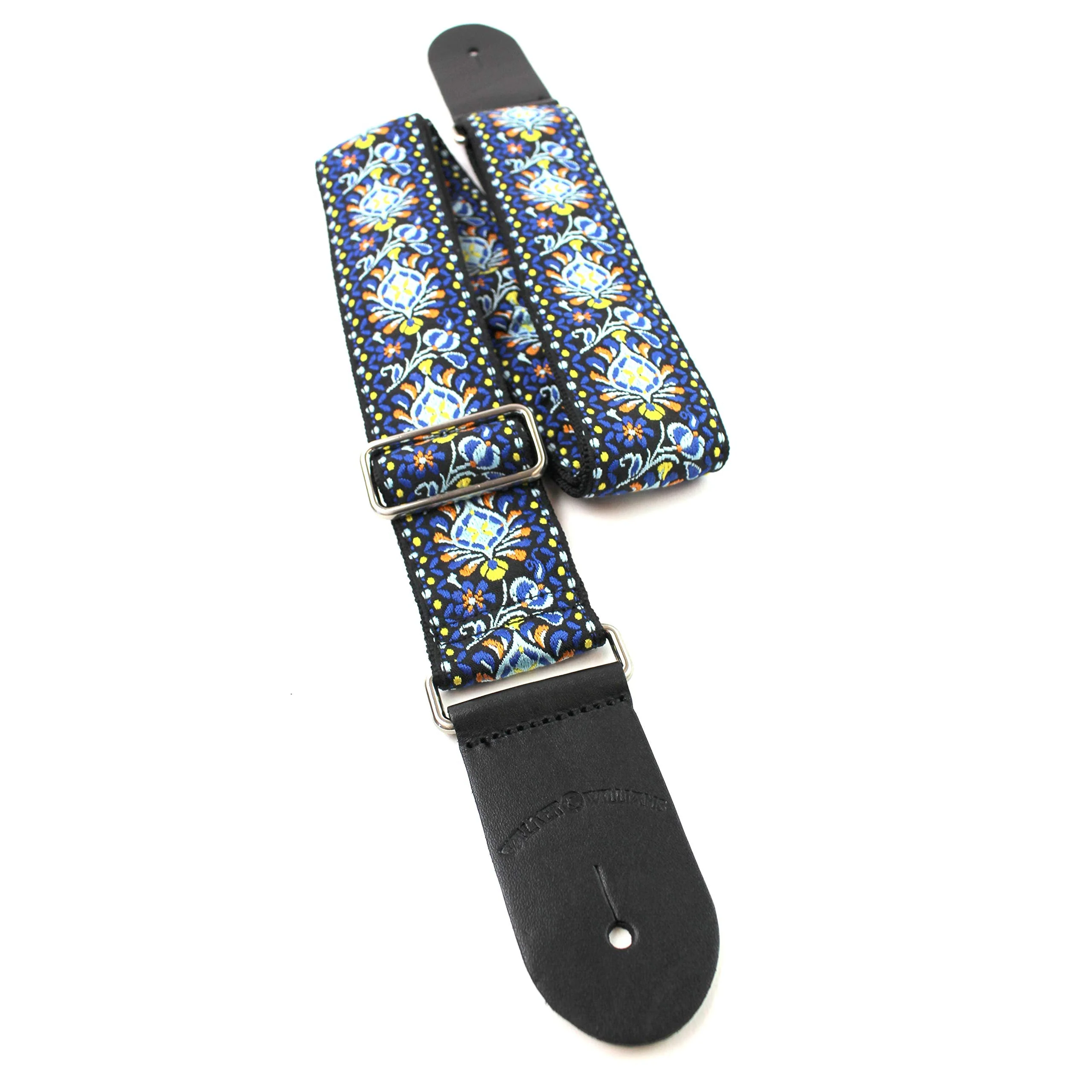 Walker & Williams H-29-CHR Vintage Series Blue Cheer Woven Hippie Guitar Strap With Brushed Nickel Hardware And Thick Leather Ends For Acoustic, Electric, And Bass Guitars - Image 4