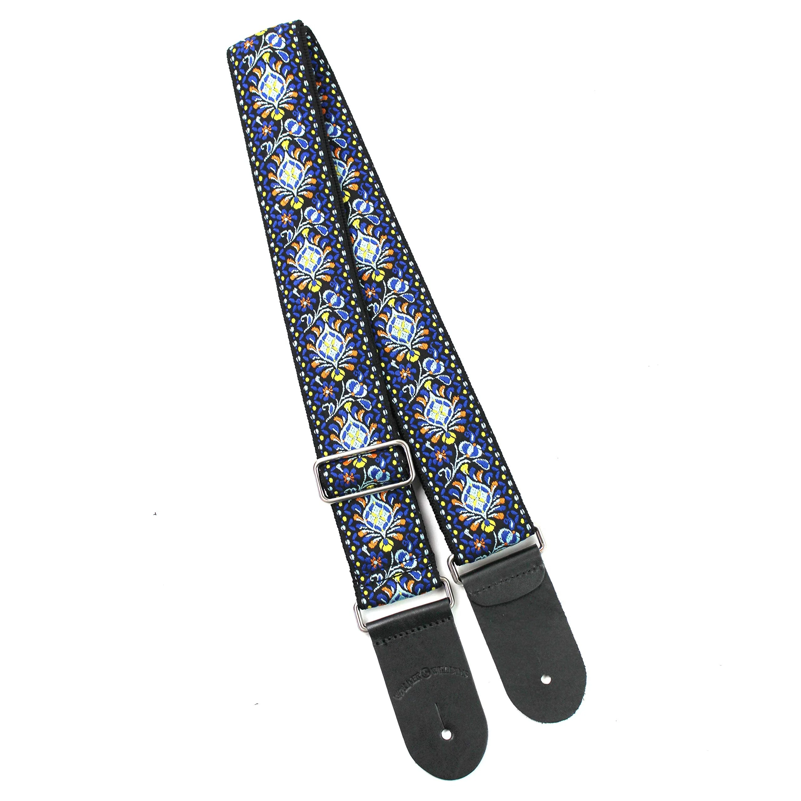 Walker & Williams H-29-CHR Vintage Series Blue Cheer Woven Hippie Guitar Strap With Brushed Nickel Hardware And Thick Leather Ends For Acoustic, Electric, And Bass Guitars - Image 5