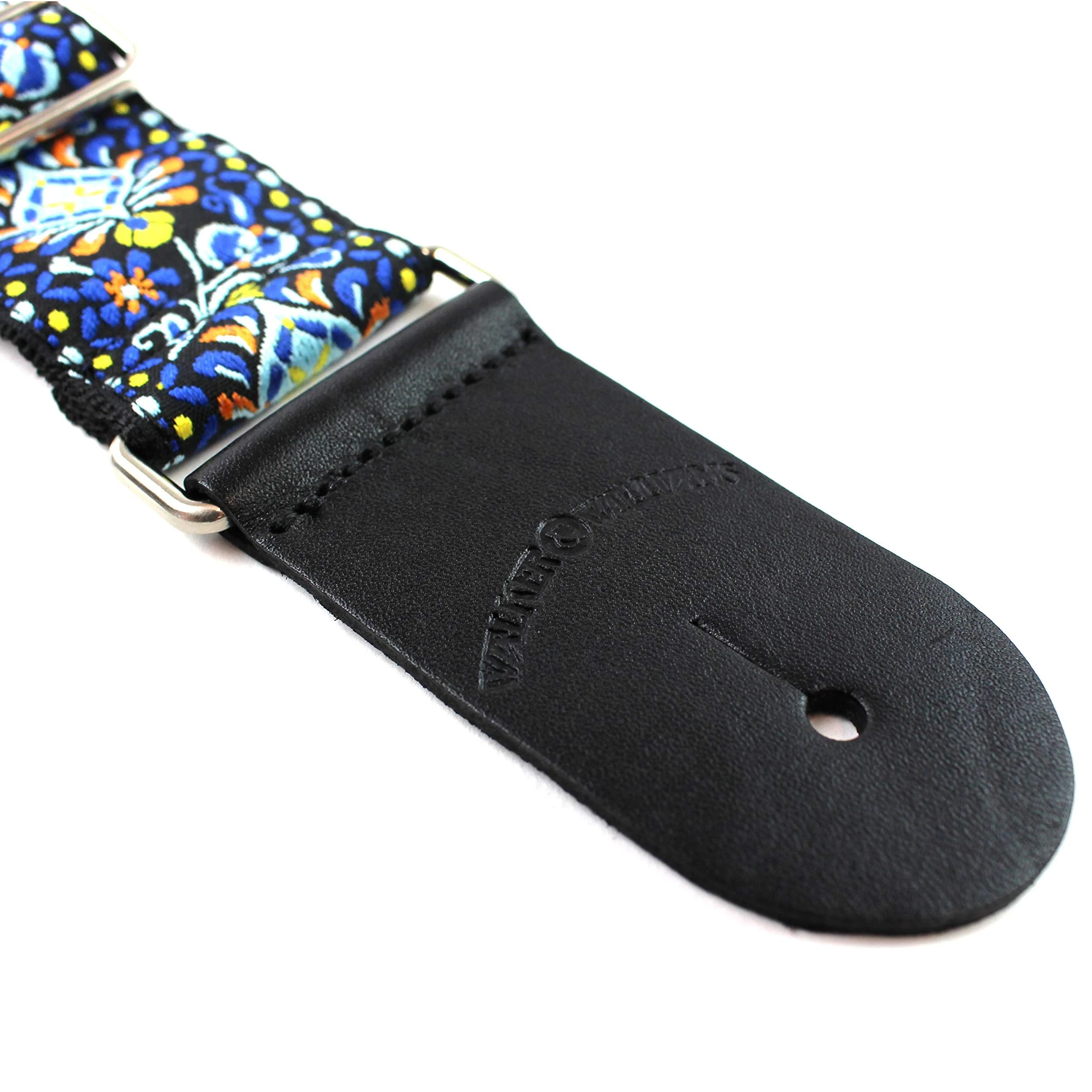 Walker & Williams H-29-CHR Vintage Series Blue Cheer Woven Hippie Guitar Strap With Brushed Nickel Hardware And Thick Leather Ends For Acoustic, Electric, And Bass Guitars - Image 6