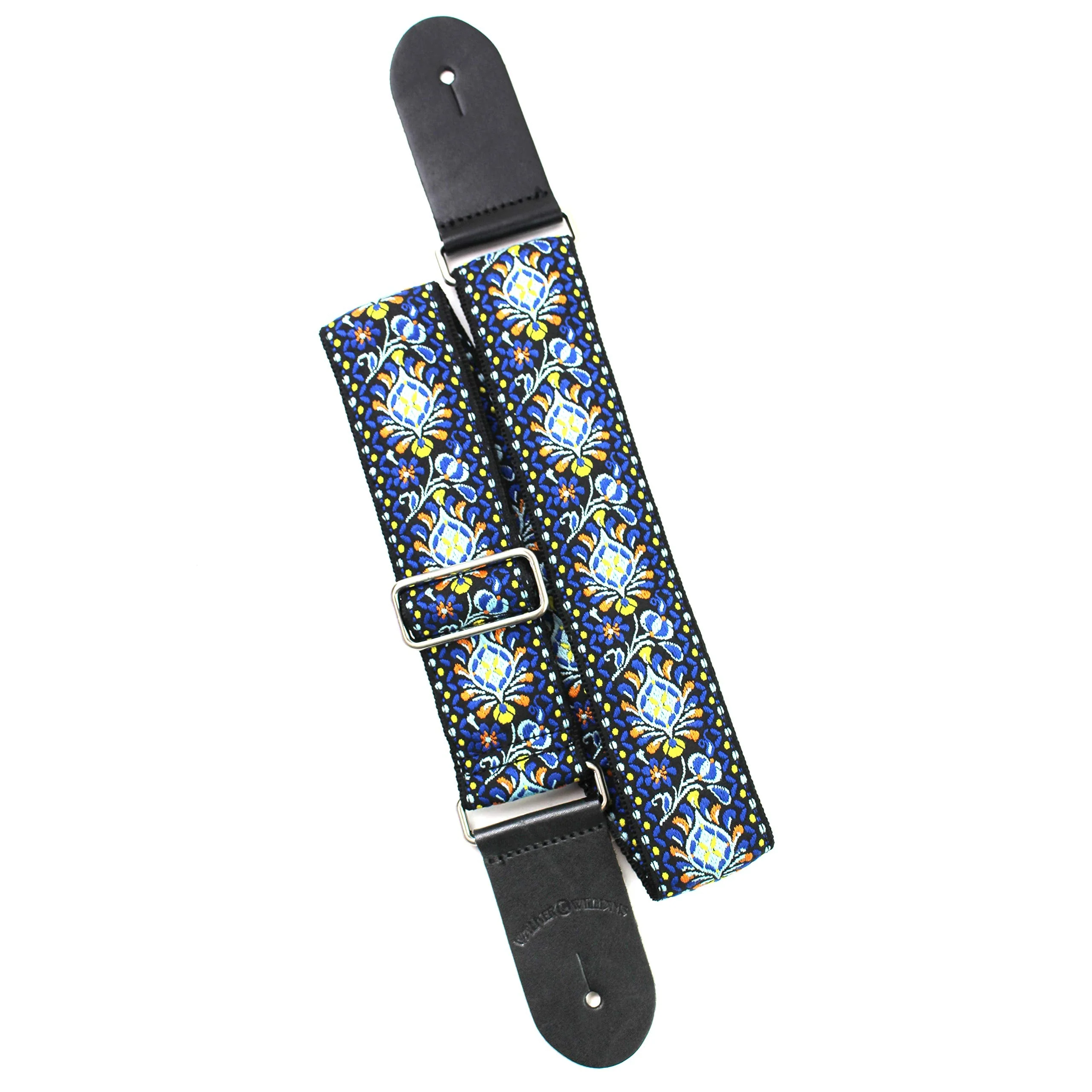 Walker & Williams H-29-CHR Vintage Series Blue Cheer Woven Hippie Guitar Strap With Brushed Nickel Hardware And Thick Leather Ends For Acoustic, Electric, And Bass Guitars - Image 7