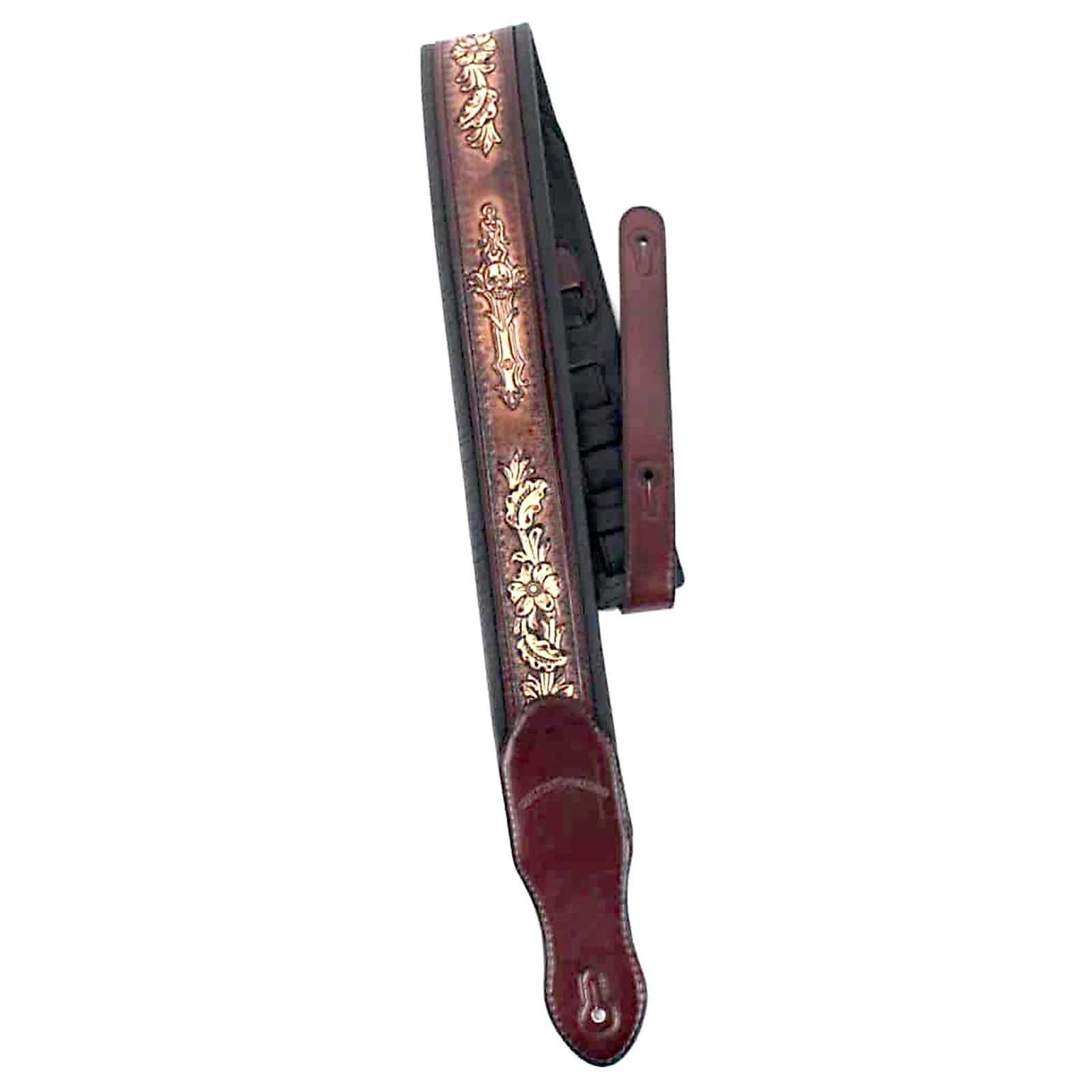 Walker & Williams KB-02-BRN Rustic Brown Carved Leather Padded Guitar Strap With Floral Skull & Christian Cross For All Acoustic, Electric And Bass Guitars - Image 2