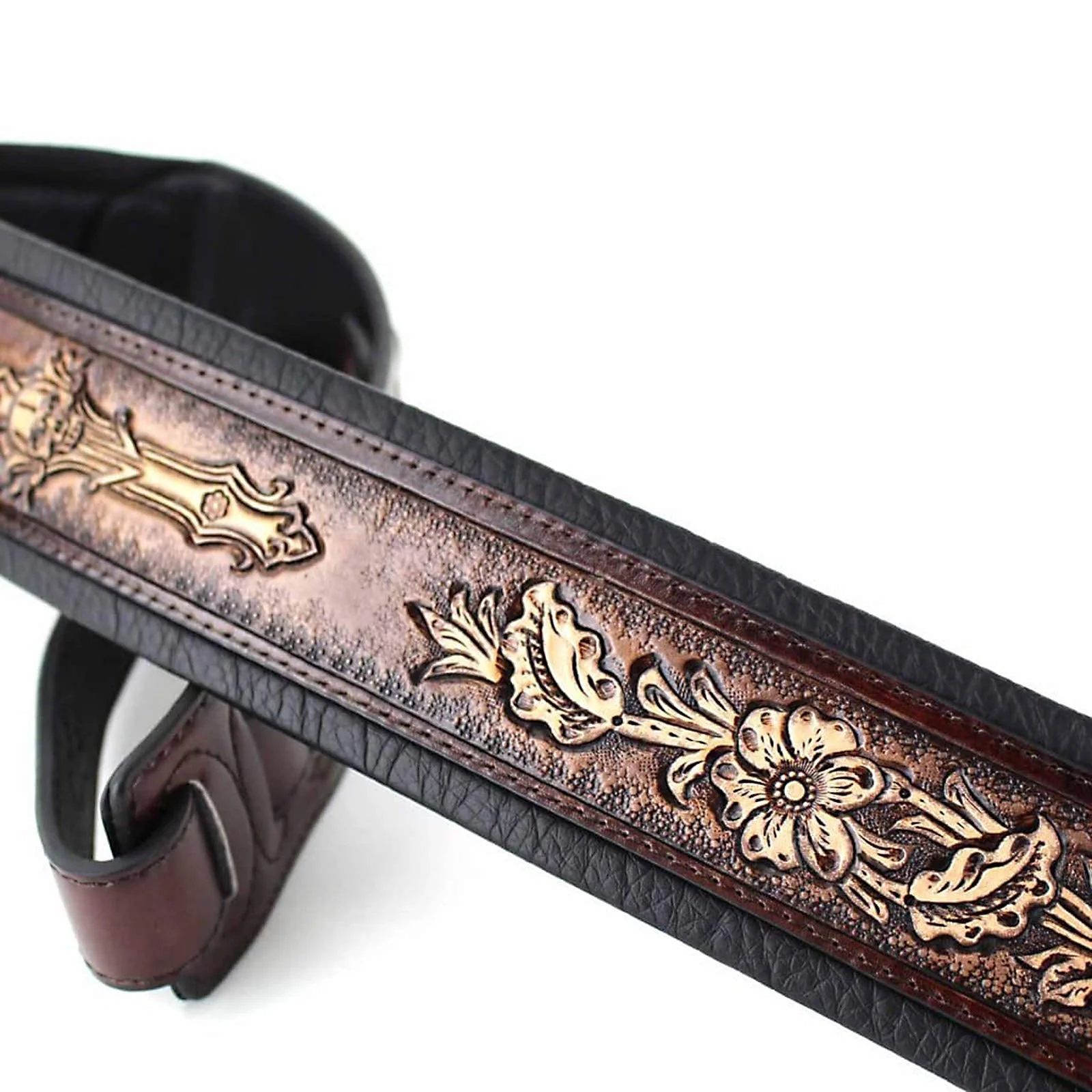 Walker & Williams KB-02-BRN Rustic Brown Carved Leather Padded Guitar Strap With Floral Skull & Christian Cross For All Acoustic, Electric And Bass Guitars - Image 3