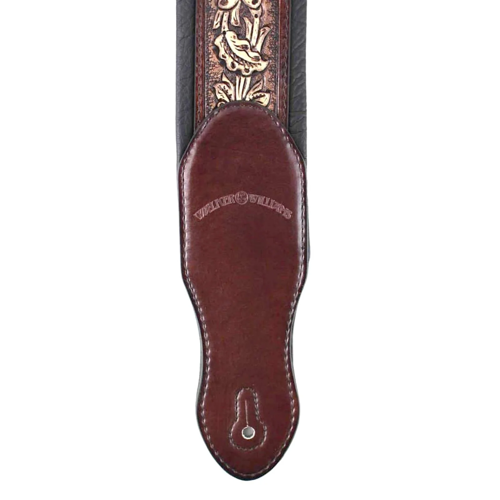 Walker & Williams KB-02-BRN Rustic Brown Carved Leather Padded Guitar Strap With Floral Skull & Christian Cross For All Acoustic, Electric And Bass Guitars - Image 4