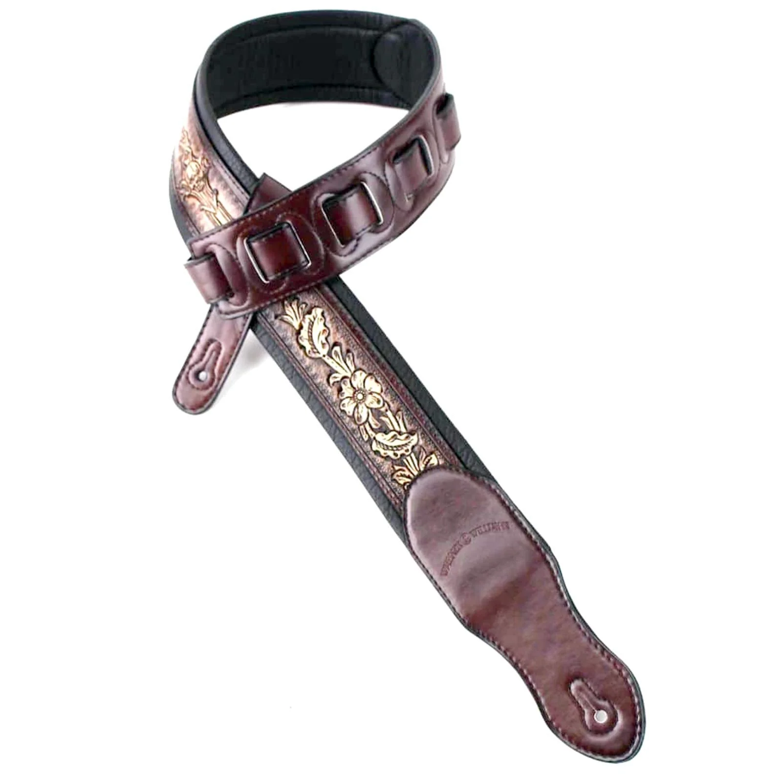Walker & Williams KB-02-BRN Rustic Brown Carved Leather Padded Guitar Strap With Floral Skull & Christian Cross For All Acoustic, Electric And Bass Guitars - Image 6