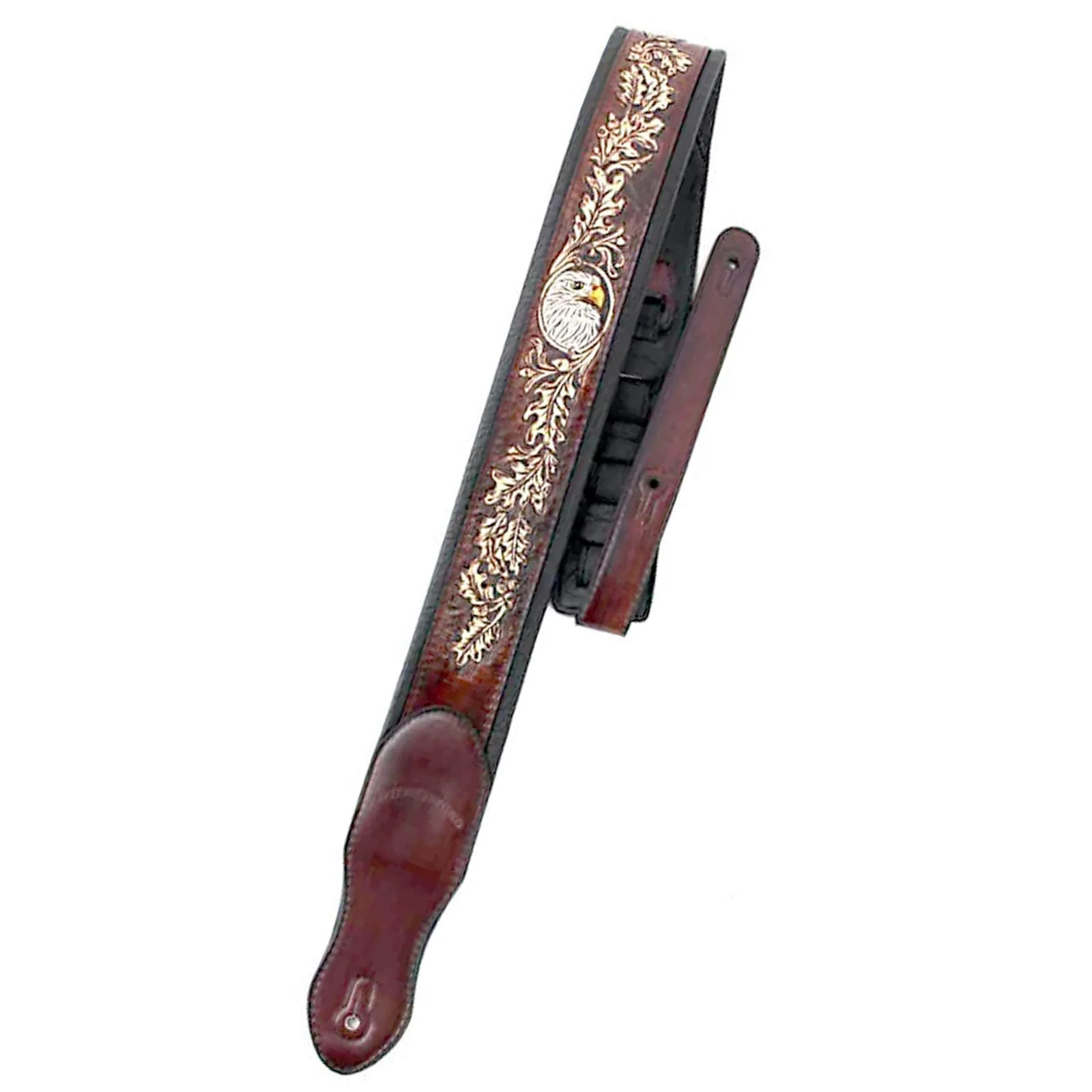 Walker & Williams KB-03-BRN Walnut Brown Full Grain Center Block Carving Leather Padded Guitar Strap With American Eagle & Oak Leaves For Acoustic, Electric, And Bass Guitars - Image 2