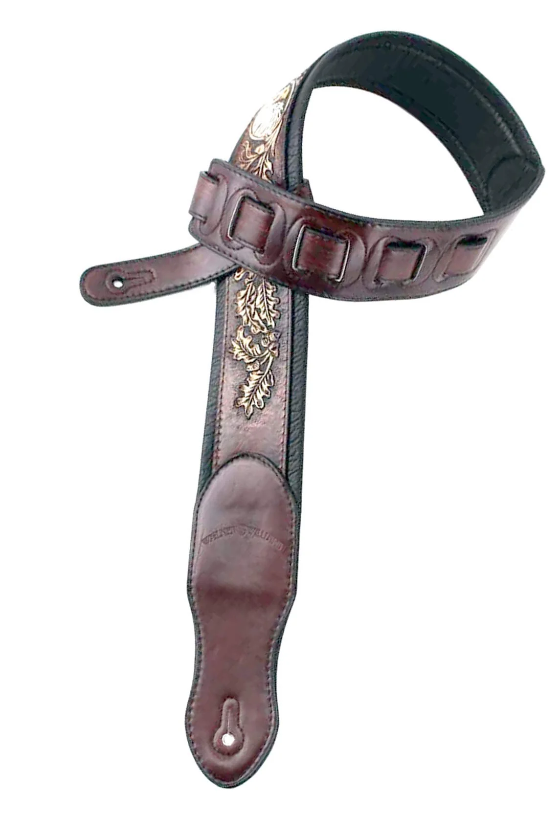 Walker & Williams KB-03-BRN Walnut Brown Full Grain Center Block Carving Leather Padded Guitar Strap With American Eagle & Oak Leaves For Acoustic, Electric, And Bass Guitars - Image 3