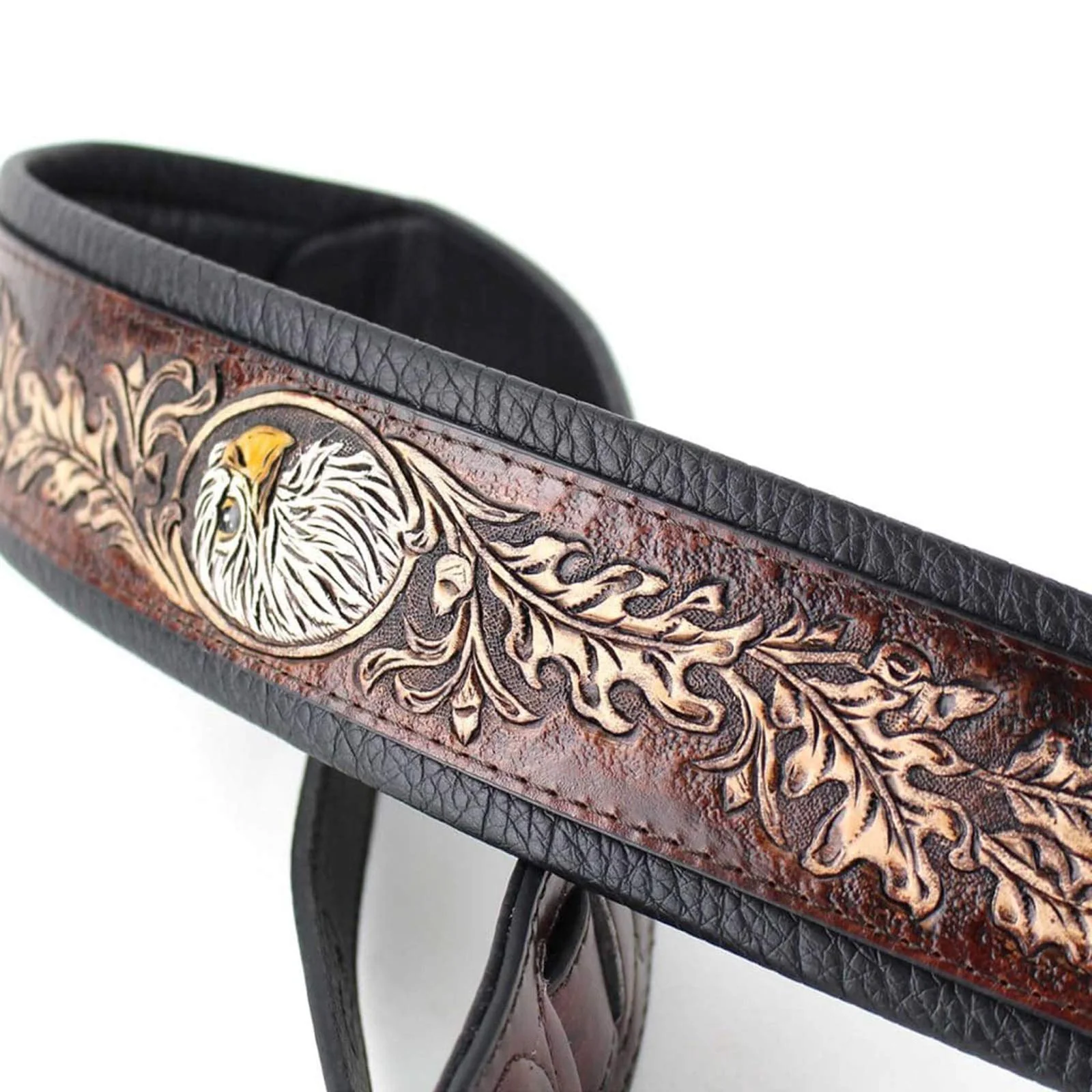 Walker & Williams KB-03-BRN Walnut Brown Full Grain Center Block Carving Leather Padded Guitar Strap With American Eagle & Oak Leaves For Acoustic, Electric, And Bass Guitars - Image 5