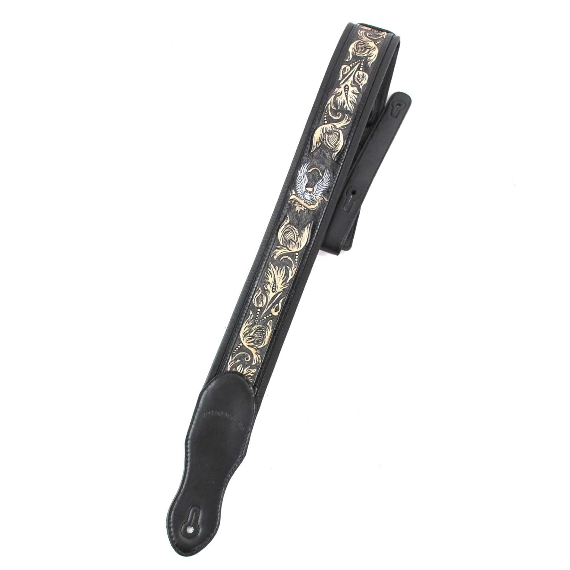 Walker & Williams KB-04-BLK Black Full Grain Handmade Center Block Premium Carving Leather Padded Guitar Strap With Banner Eagle And Vines For Acoustic, Electric, And Bass Guitars - Image 2