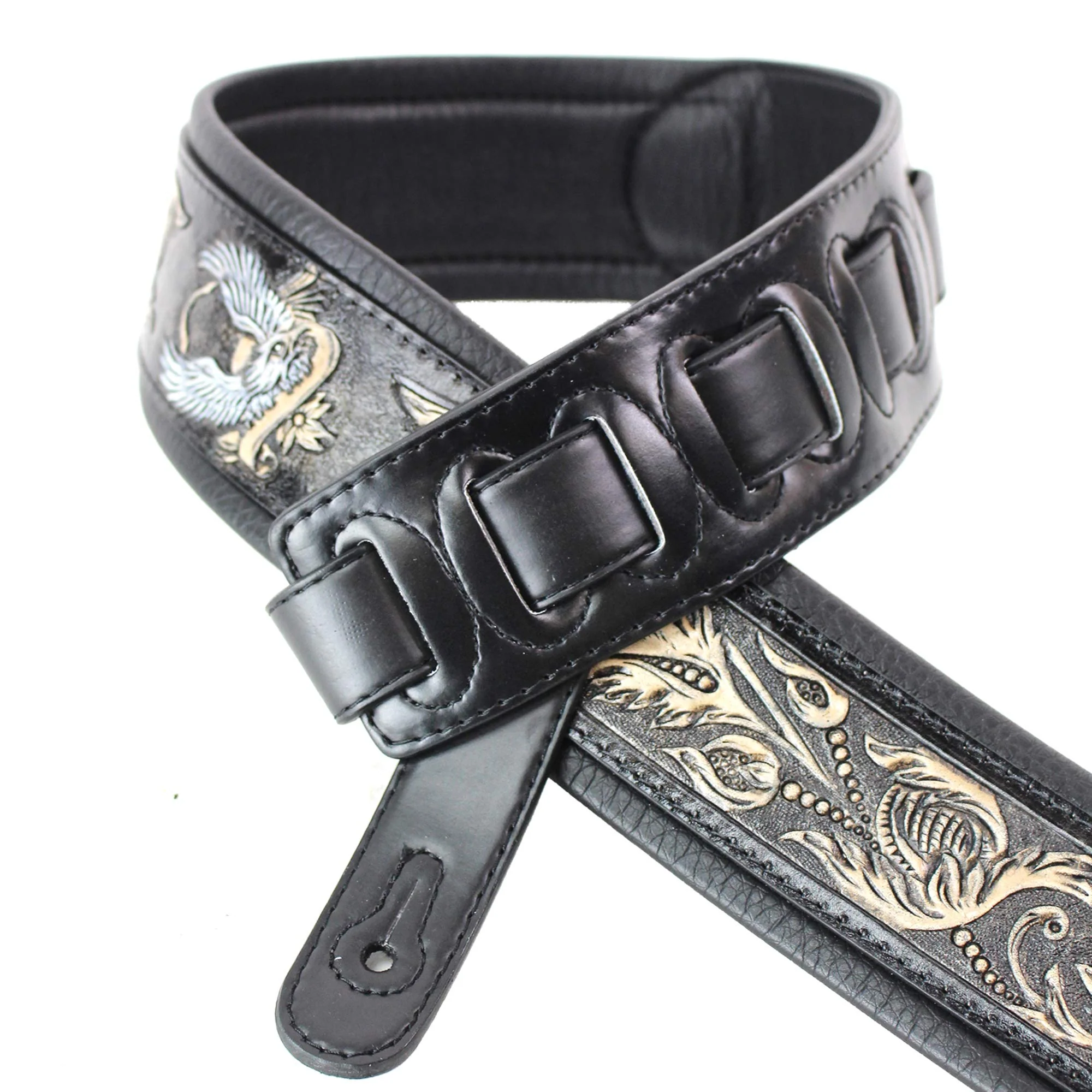 Walker & Williams KB-04-BLK Black Full Grain Handmade Center Block Premium Carving Leather Padded Guitar Strap With Banner Eagle And Vines For Acoustic, Electric, And Bass Guitars - Image 3