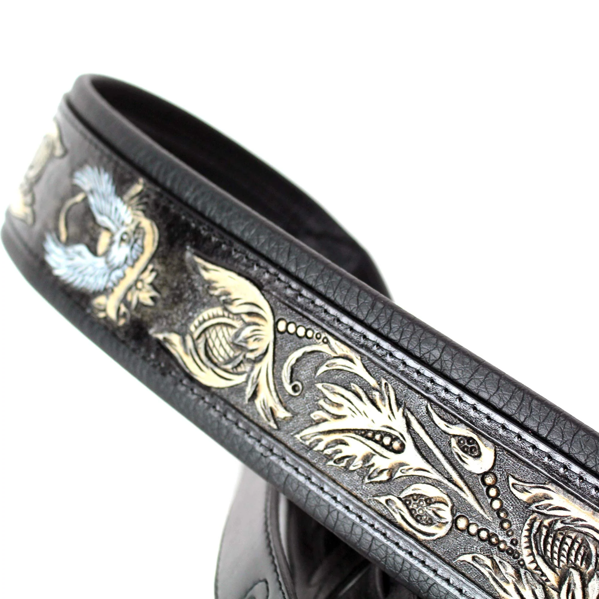 Walker & Williams KB-04-BLK Black Full Grain Handmade Center Block Premium Carving Leather Padded Guitar Strap With Banner Eagle And Vines For Acoustic, Electric, And Bass Guitars - Image 4
