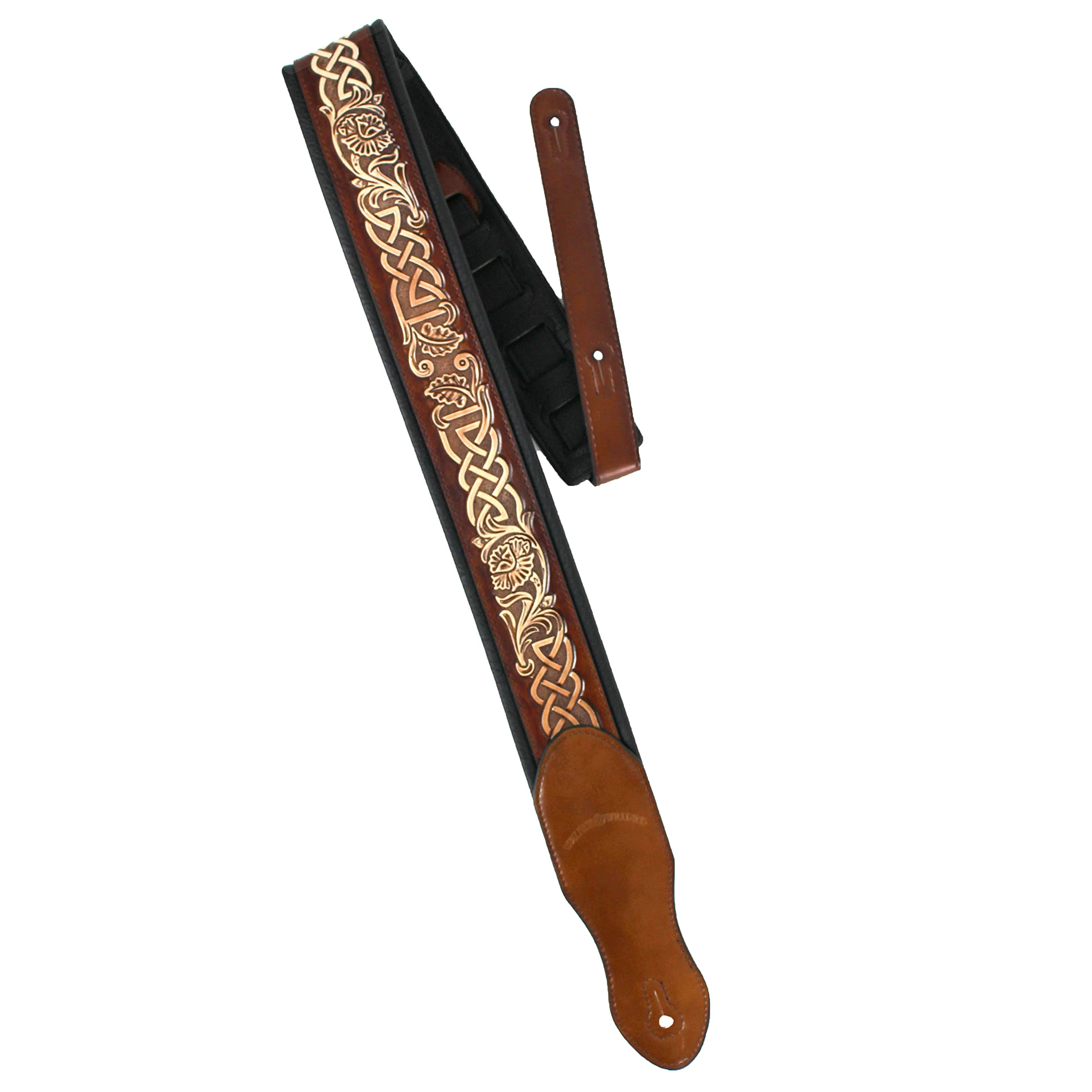 Walker & Williams KB-05-TAN Soft Brown Tan Full Grain Center Block Carving Leather Padded Guitar Strap With Aged White Celtic Chain For Acoustic, Electric, And Bass Guitars - Image 2