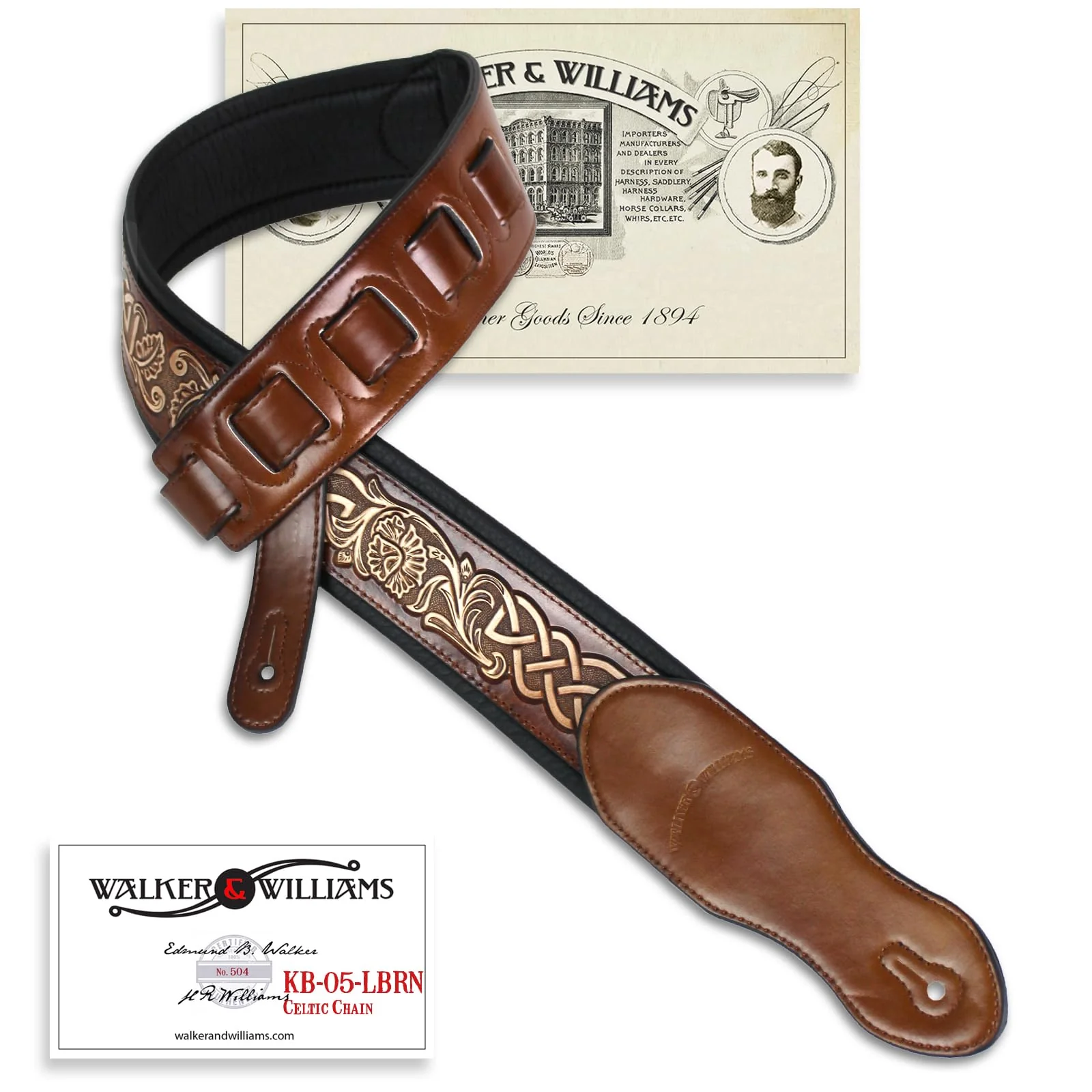 Walker & Williams KB-05-TAN Soft Brown Tan Full Grain Center Block Carving Leather Padded Guitar Strap With Aged White Celtic Chain For Acoustic, Electric, And Bass Guitars - Image 3