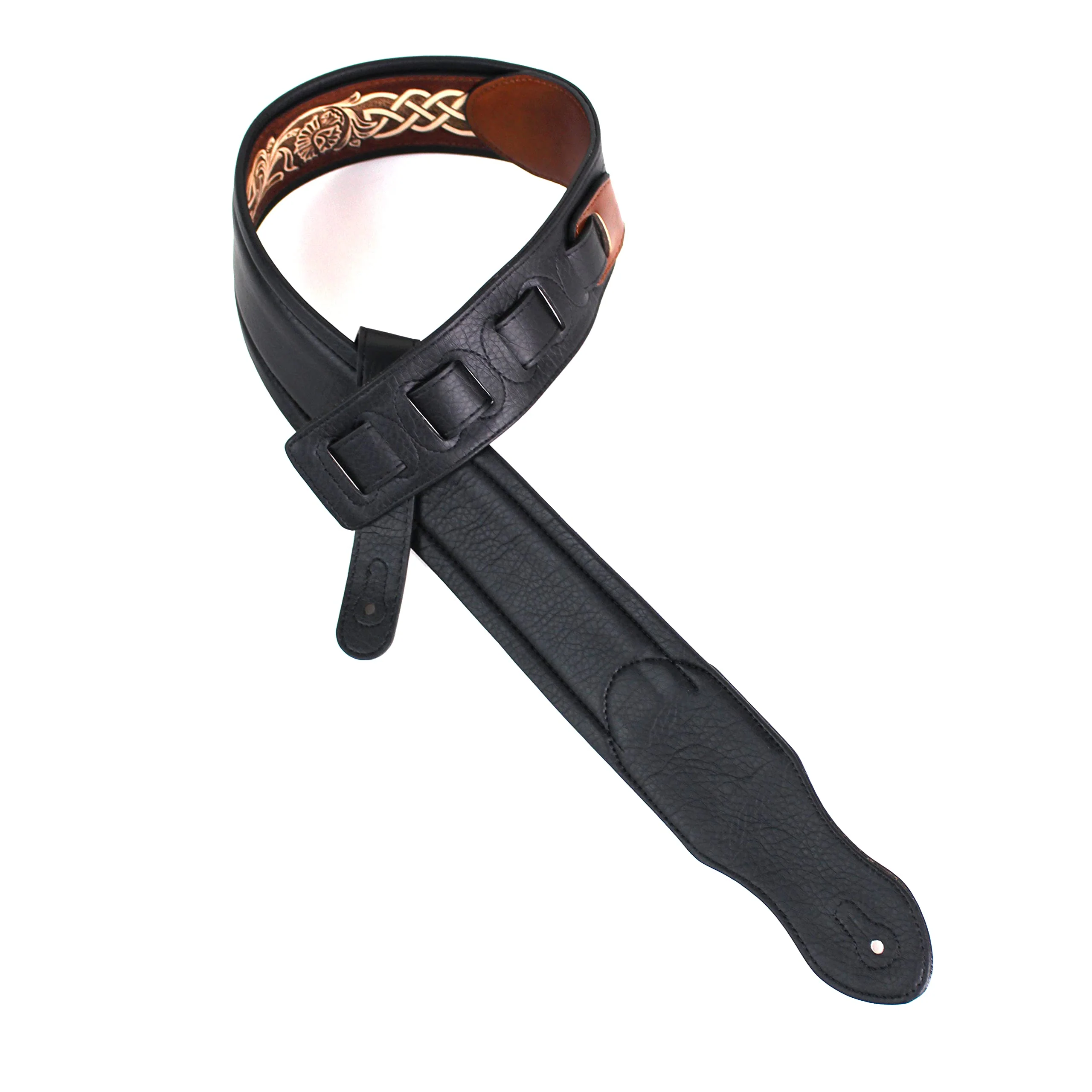 Walker & Williams KB-05-TAN Soft Brown Tan Full Grain Center Block Carving Leather Padded Guitar Strap With Aged White Celtic Chain For Acoustic, Electric, And Bass Guitars - Image 4