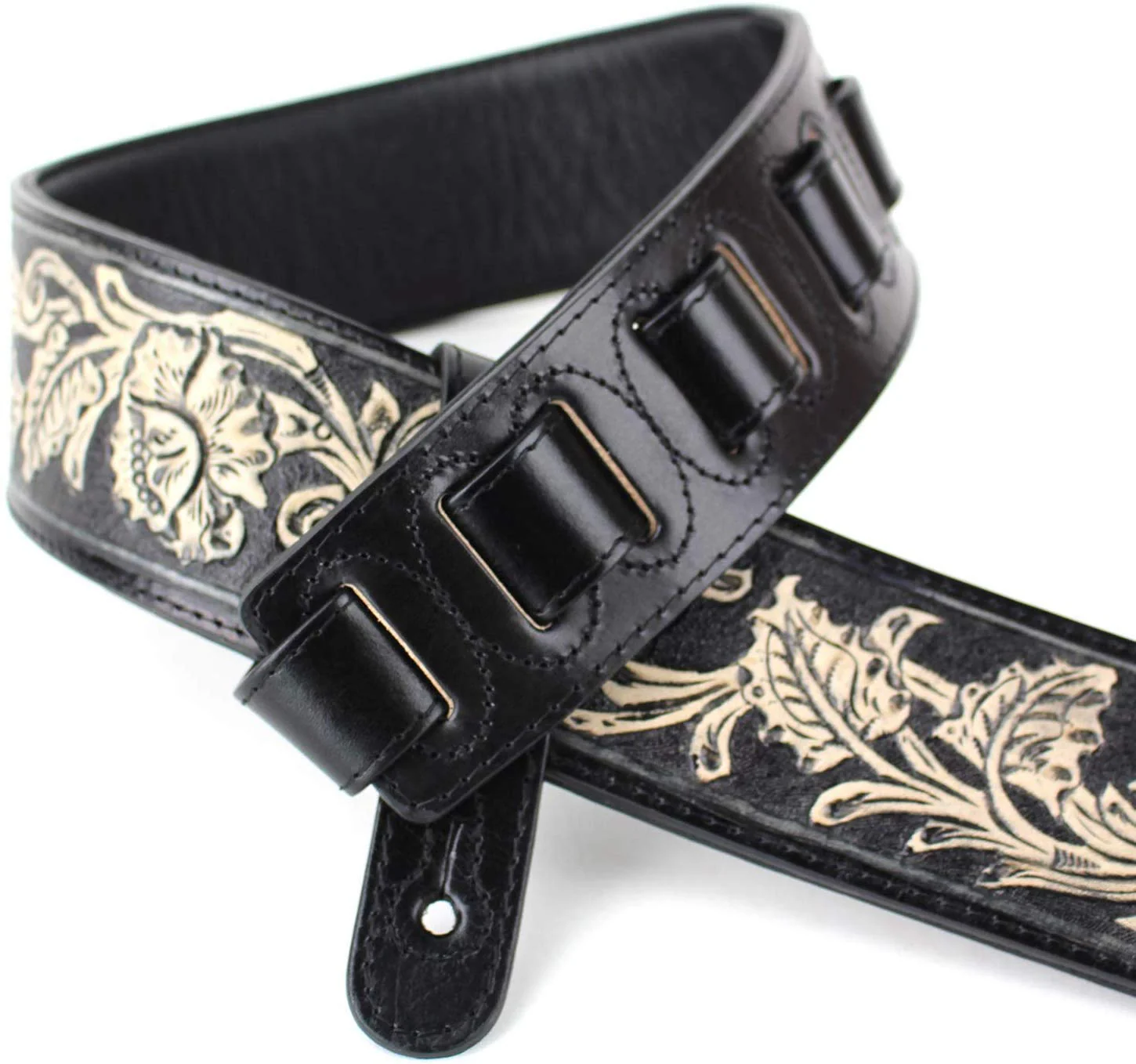 Walker & Williams KH-02-BLK Onyx Black Hand Carved Leather Padded Guitar Strap With Traditional Western Tooling For Acoustic, Electric, And Bass Guitars - Image 2