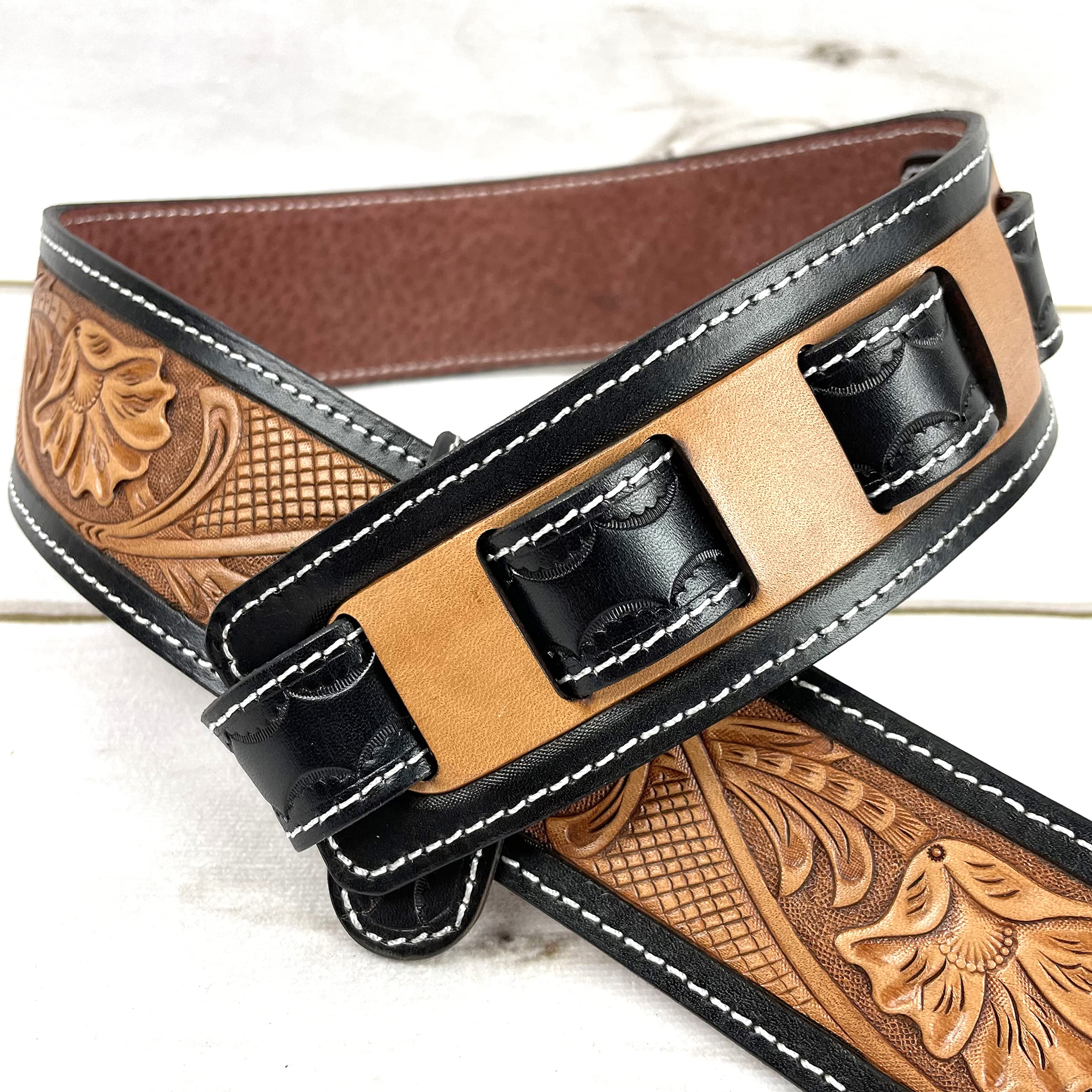 Walker & Williams LC-11 Handmade Super Premium Leather Guitar Strap with Hand Carved Live Oak Pattern And Peccary Backing For Acoustic, Electric, And Bass Guitars - Image 3