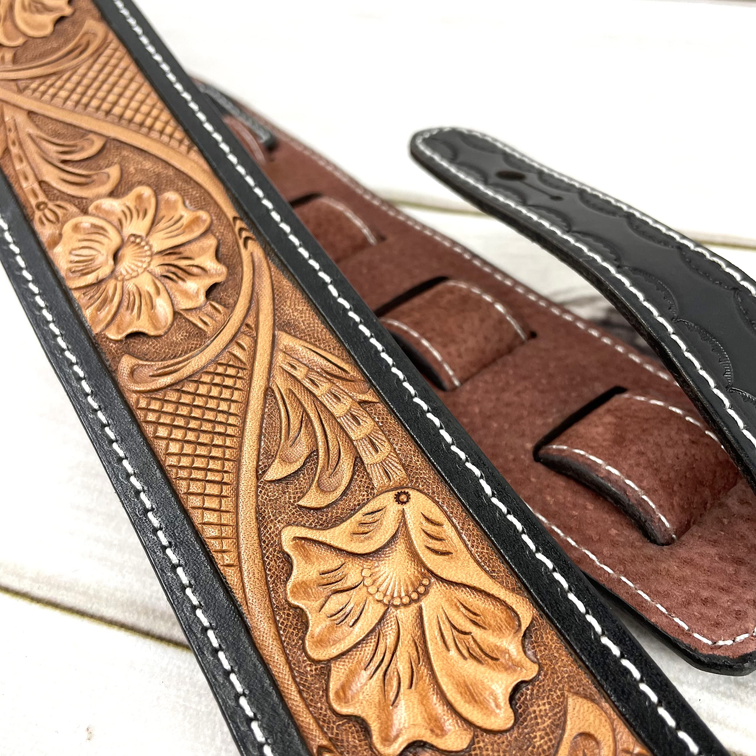 Walker & Williams LC-11 Handmade Super Premium Leather Guitar Strap with Hand Carved Live Oak Pattern And Peccary Backing For Acoustic, Electric, And Bass Guitars - Image 7