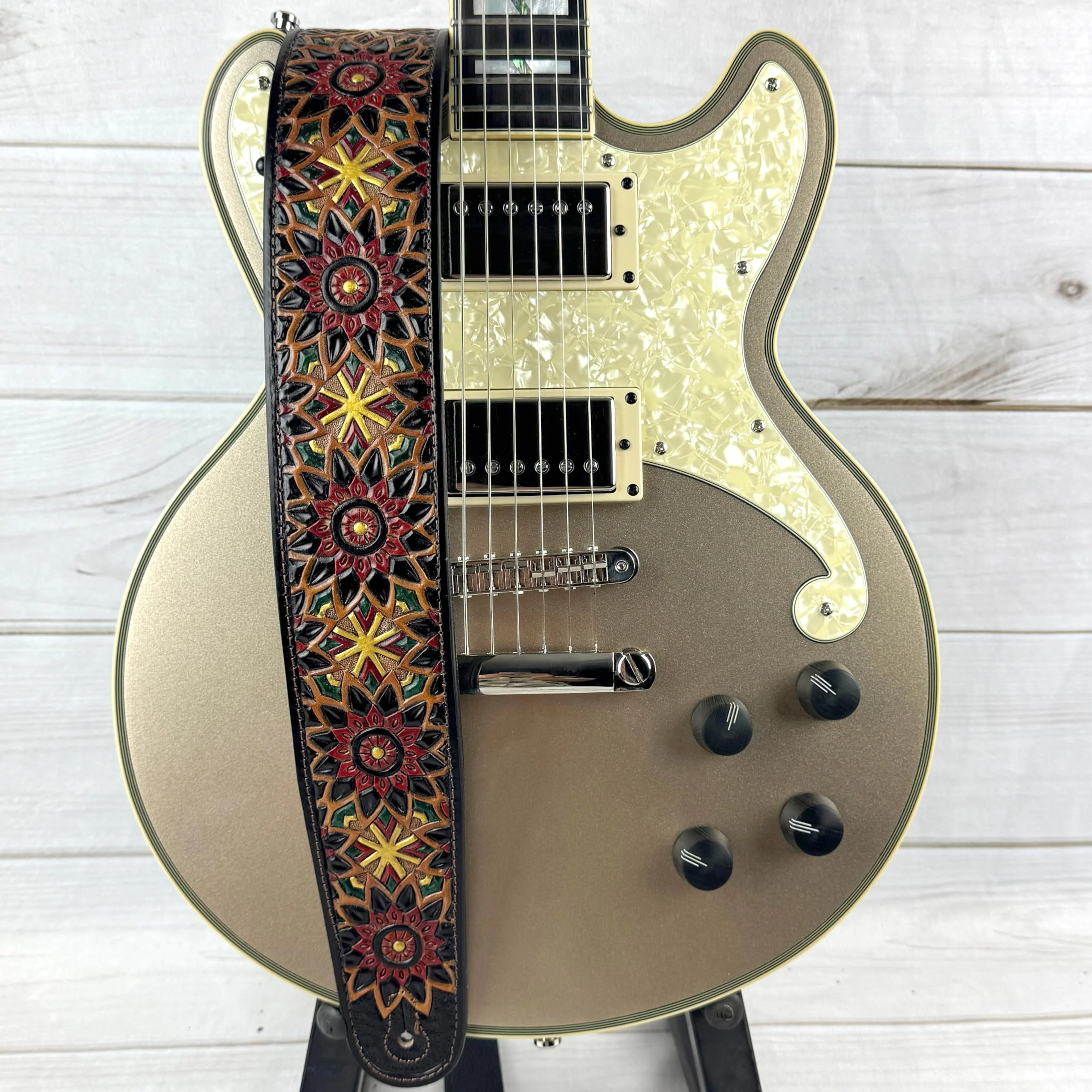 Walker & Williams LIH-2 Black And Brown Hand Carved Premium Leather Guitar Strap With Gold Earth Zodiac Star Design And Premium Padded Back For Acoustic, Electric, And Bass Guitars - Image 5