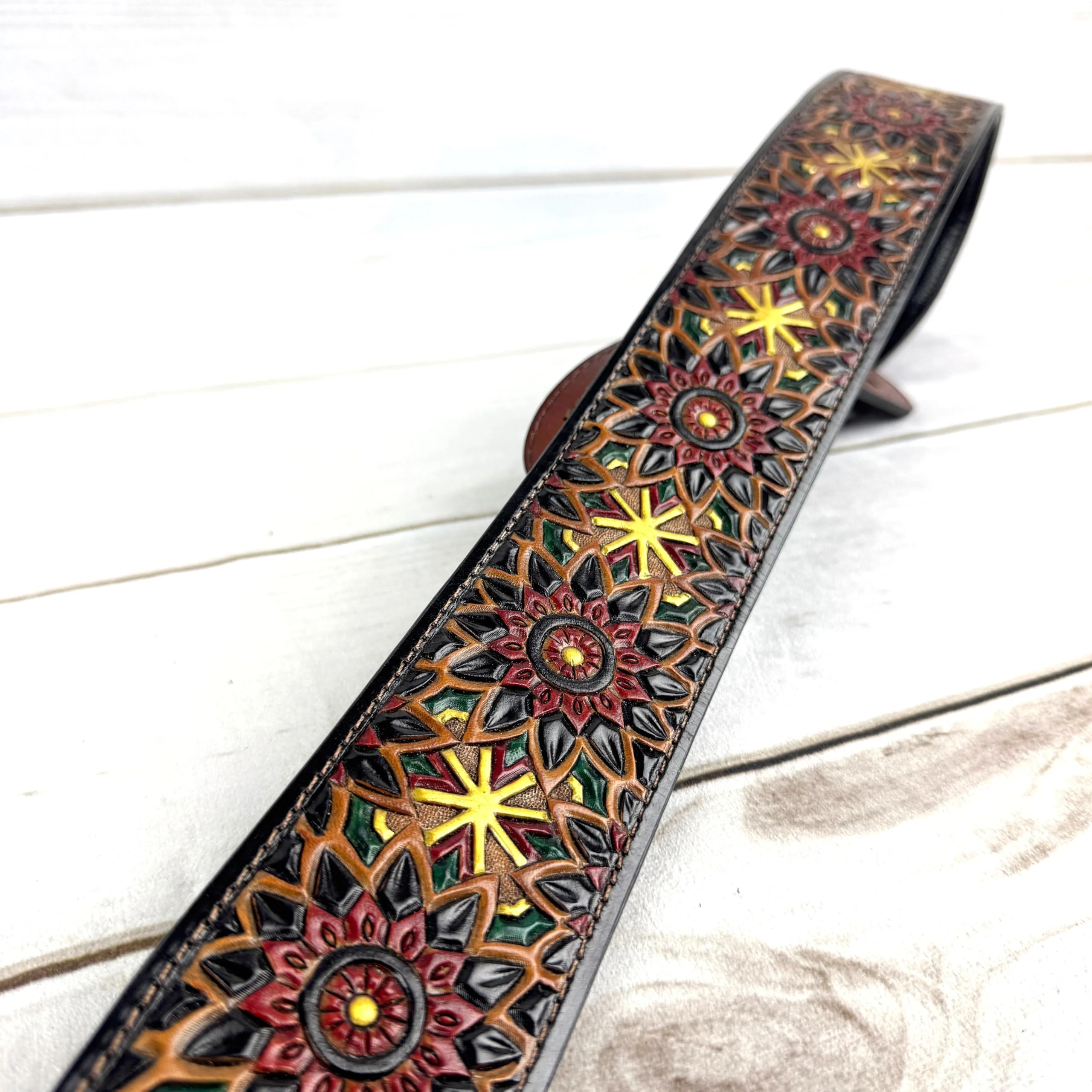 Walker & Williams LIH-2 Black And Brown Hand Carved Premium Leather Guitar Strap With Gold Earth Zodiac Star Design And Premium Padded Back For Acoustic, Electric, And Bass Guitars - Image 8