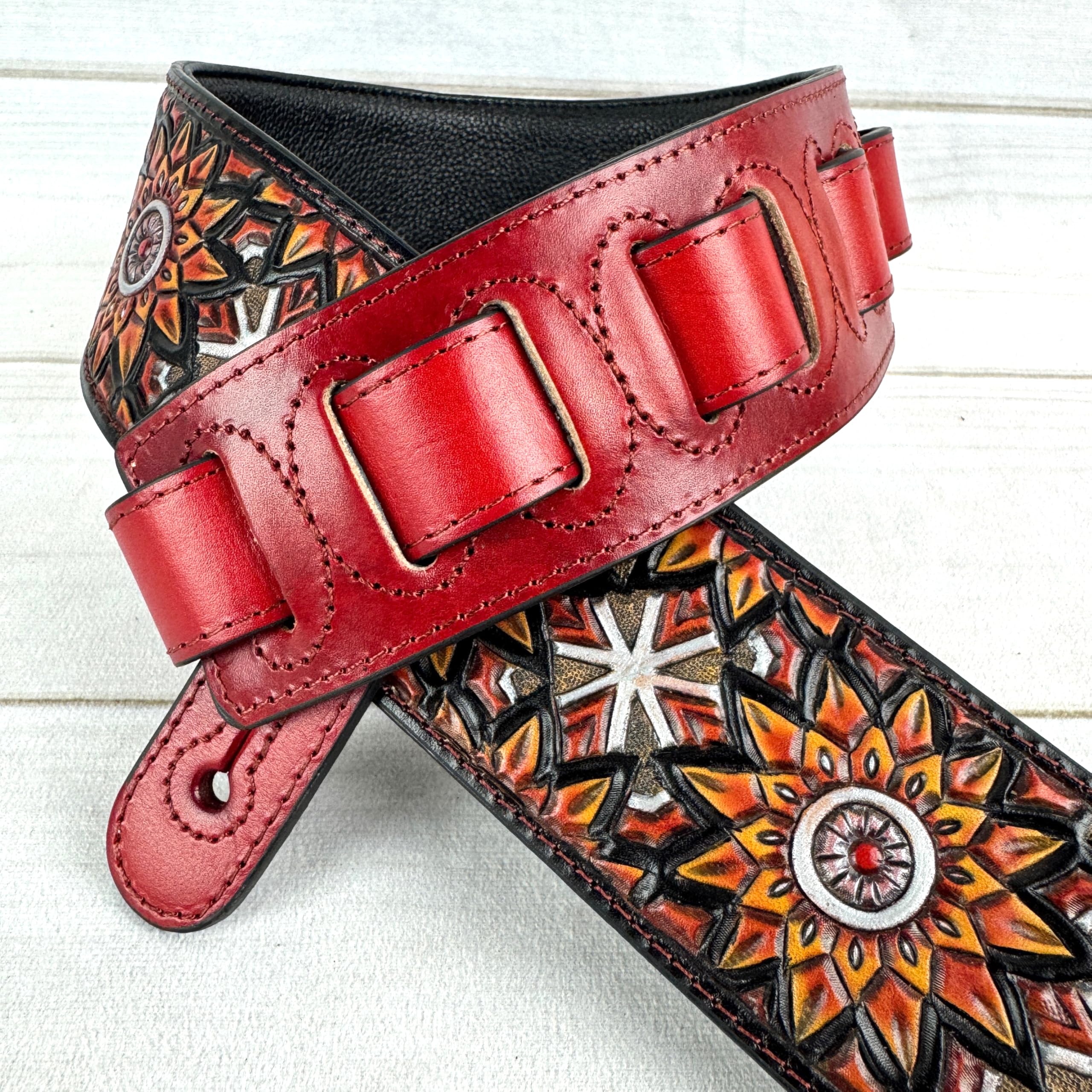 Walker & Williams LIH-3 Cherry Burst Red Hand Carved Premium Leather Guitar Strap With Black Zodiac Star Design And Premium Padded Leather Back For Acoustic, Electric, And Bass Guitars - Image 3