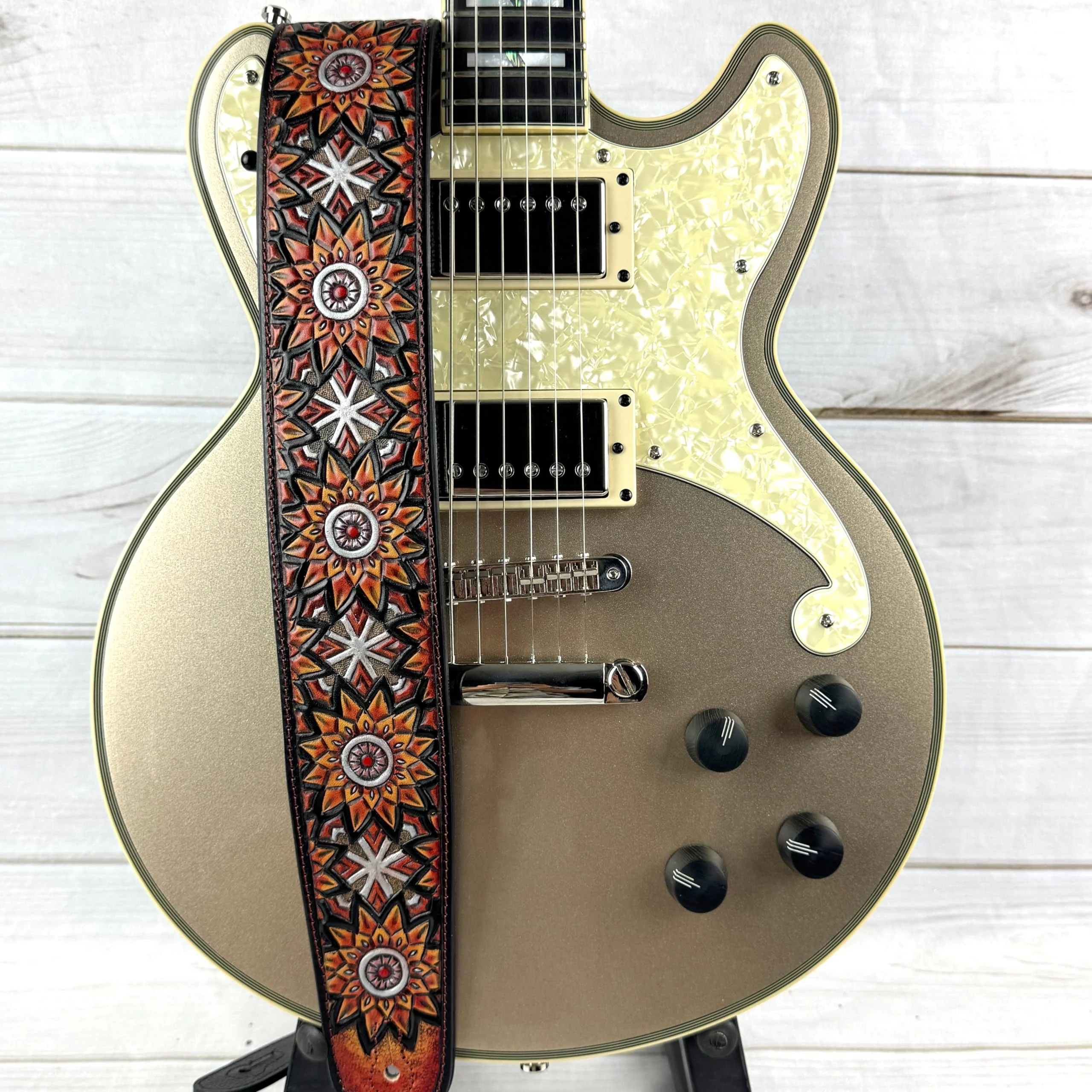 Walker & Williams LIH-3 Cherry Burst Red Hand Carved Premium Leather Guitar Strap With Black Zodiac Star Design And Premium Padded Leather Back For Acoustic, Electric, And Bass Guitars - Image 4
