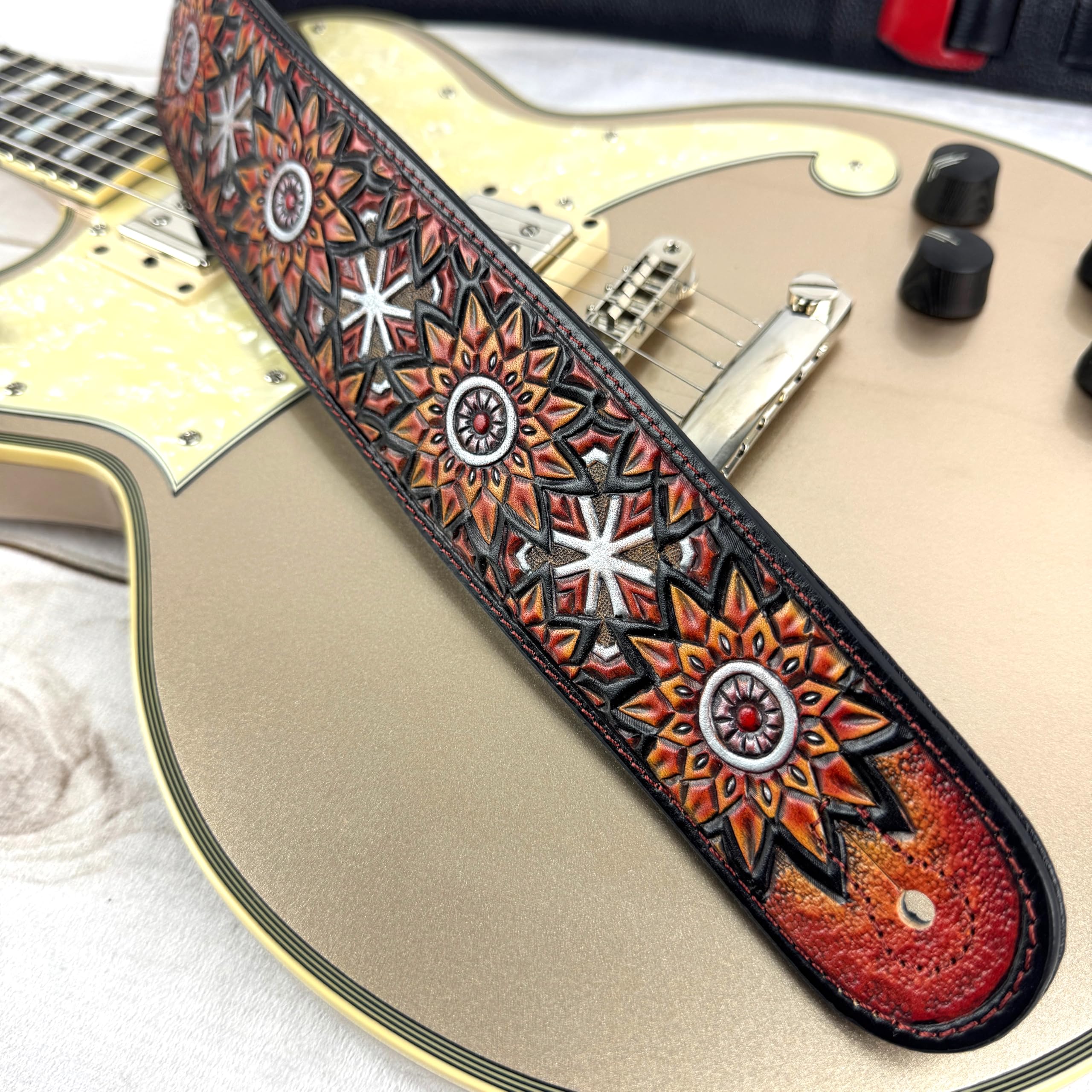 Walker & Williams LIH-3 Cherry Burst Red Hand Carved Premium Leather Guitar Strap With Black Zodiac Star Design And Premium Padded Leather Back For Acoustic, Electric, And Bass Guitars - Image 5
