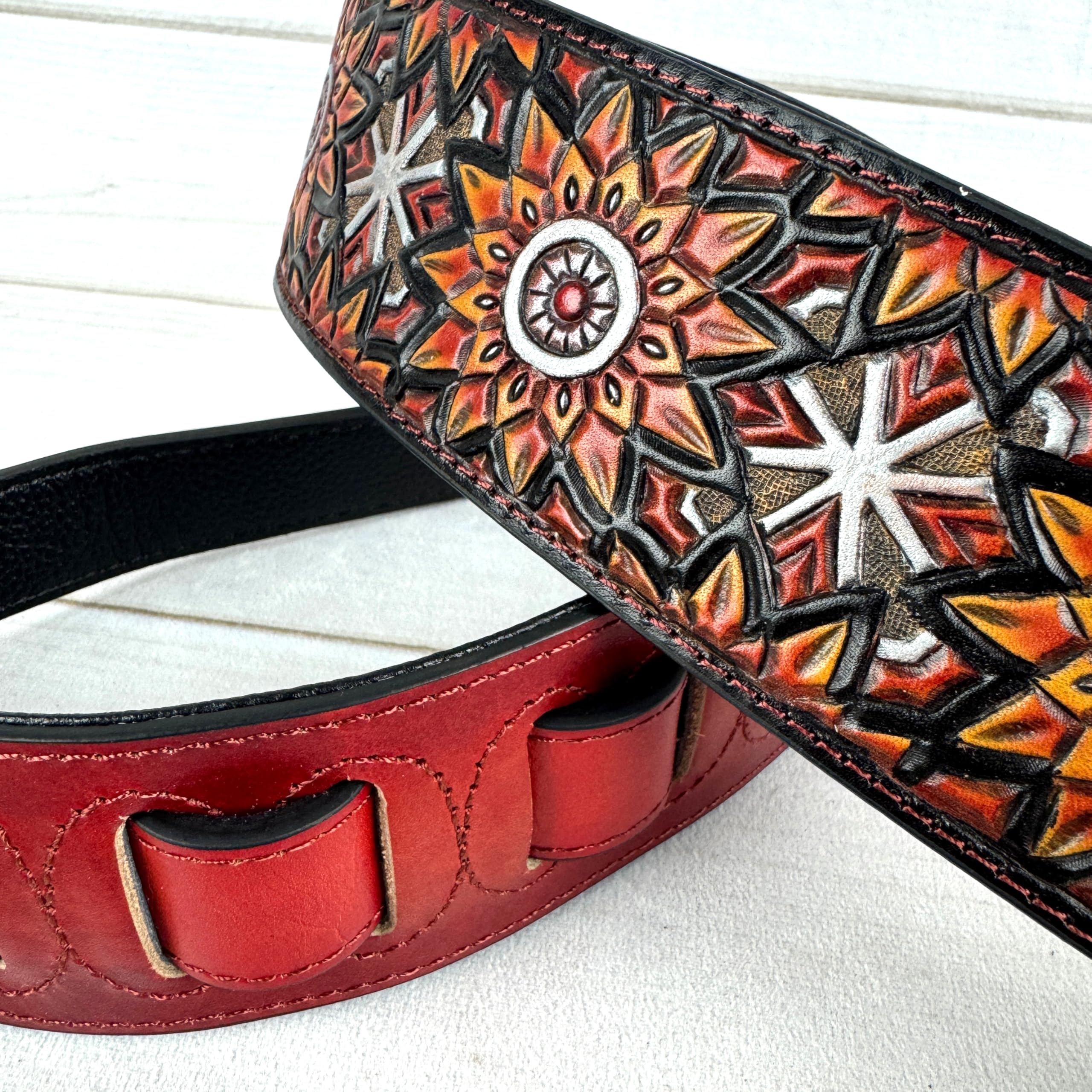 Walker & Williams LIH-3 Cherry Burst Red Hand Carved Premium Leather Guitar Strap With Black Zodiac Star Design And Premium Padded Leather Back For Acoustic, Electric, And Bass Guitars - Image 6