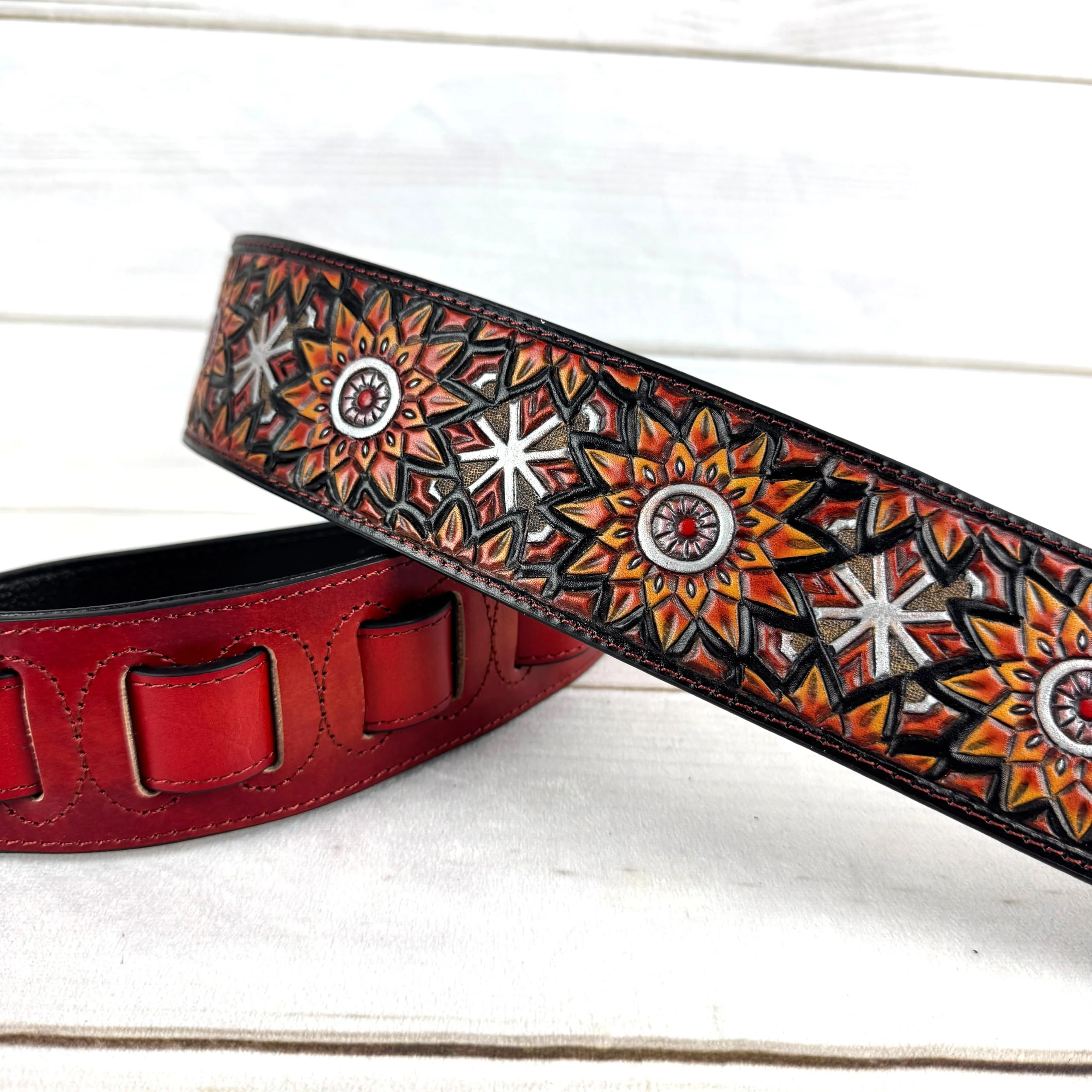 Walker & Williams LIH-3 Cherry Burst Red Hand Carved Premium Leather Guitar Strap With Black Zodiac Star Design And Premium Padded Leather Back For Acoustic, Electric, And Bass Guitars - Image 7